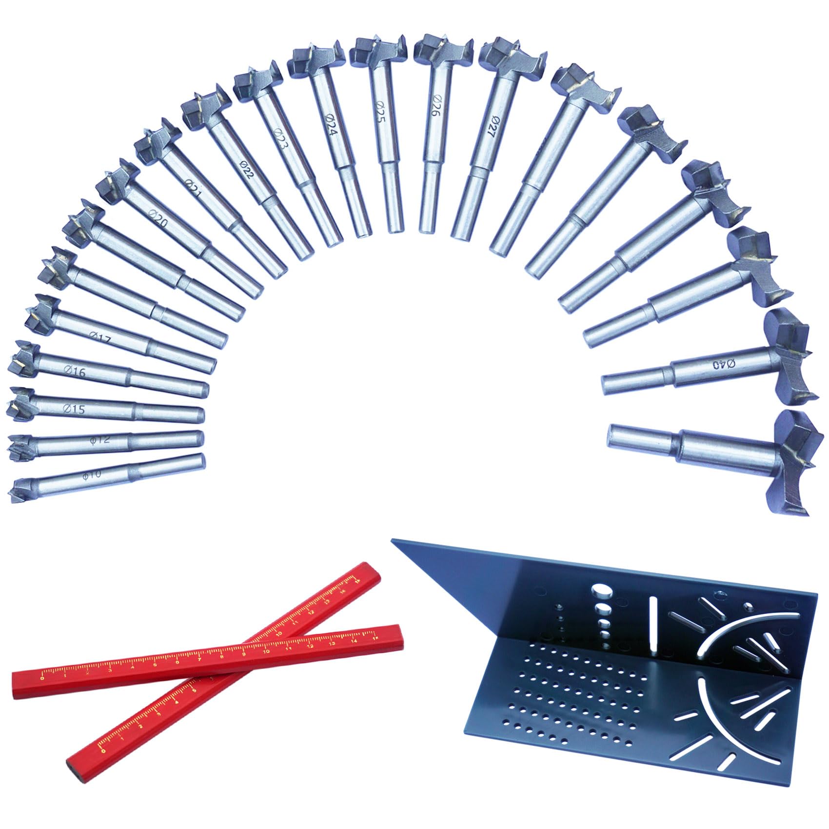 Forstner Bit Set 21 pcs, Ø10-42mm Metric Forstner Bits for Woodworking, High Speed Forstner Drill Bits Set with 3D Square Ruler, Carbide Tipped