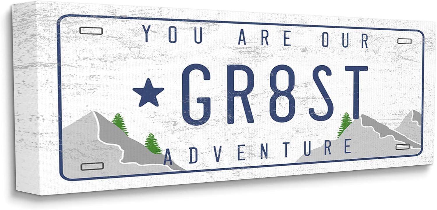 Stupell Industries Our Greatest Adventure Mountain Range License Plate, Designed by Daphne Polselli Canvas Wall Art, 10 x 24, Grey