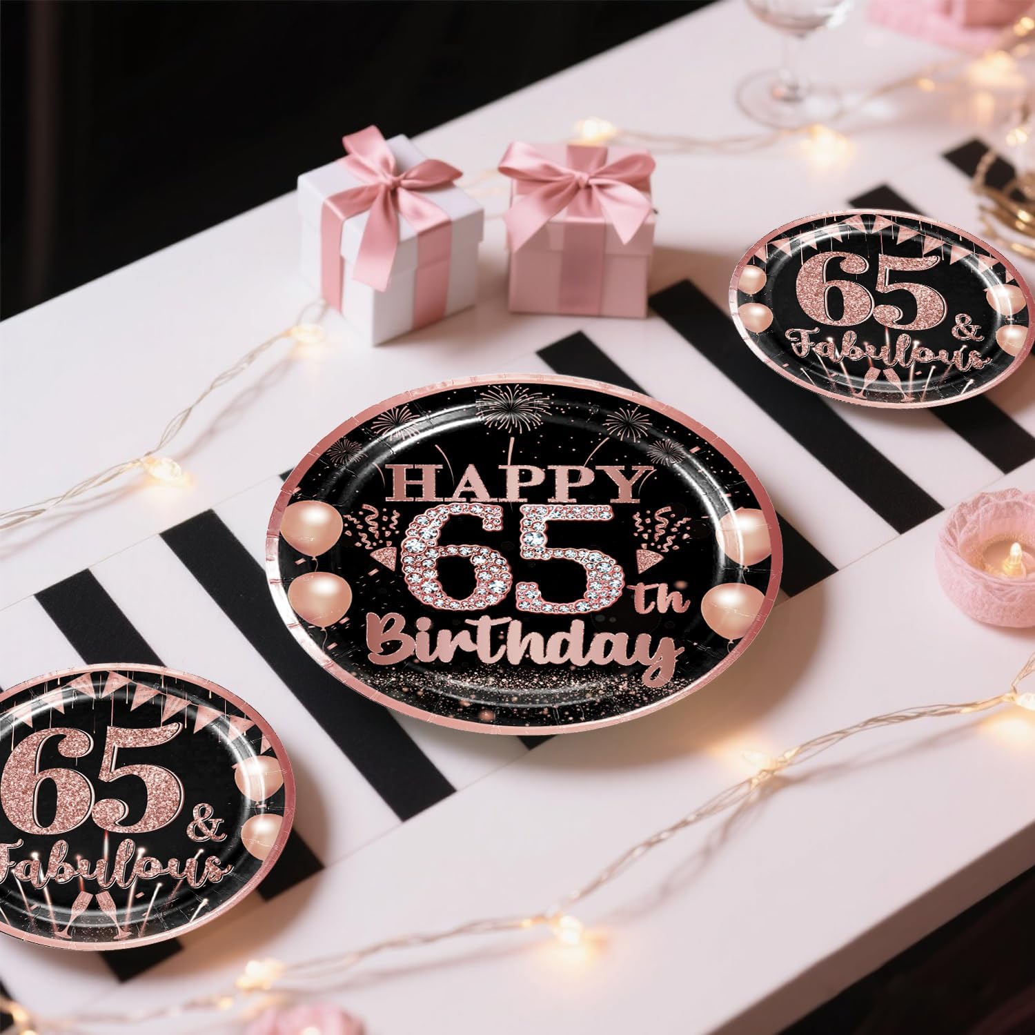 201pcs 65th Birthday Decorations for Women, 300gsm Thick Plates 2 Tablecloths Happy 65th Birthday Cake Topper and Banner Suitable for Parties and Gatherings, Serving 25 People