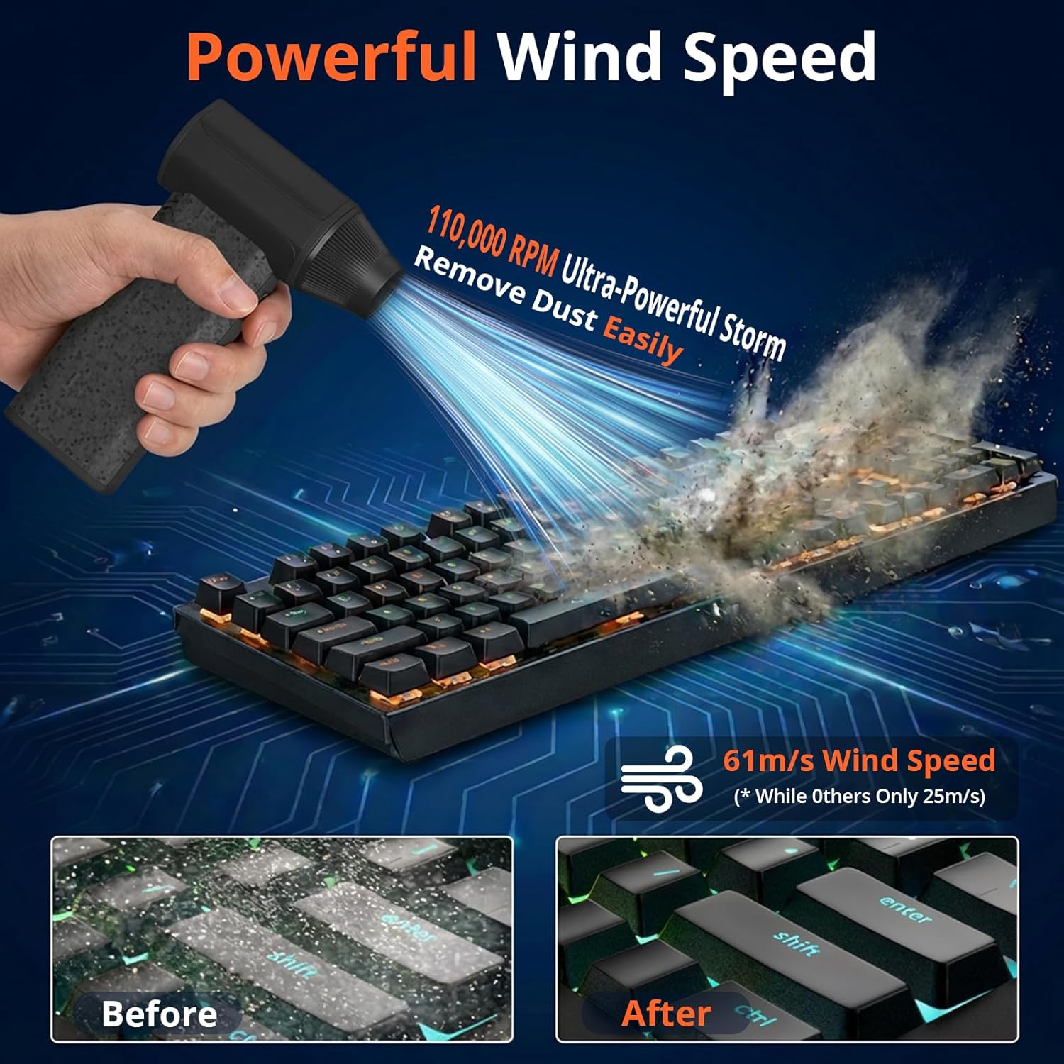 Compressed Air Duster, 110000RPM Electric Air Duster, 3-Speed Adjustable Cordless Air Duster with 2.5H Fast Charging, Mini Blower for Keyboard, PC, Car，House and Outdoor (2500mAH-X113)