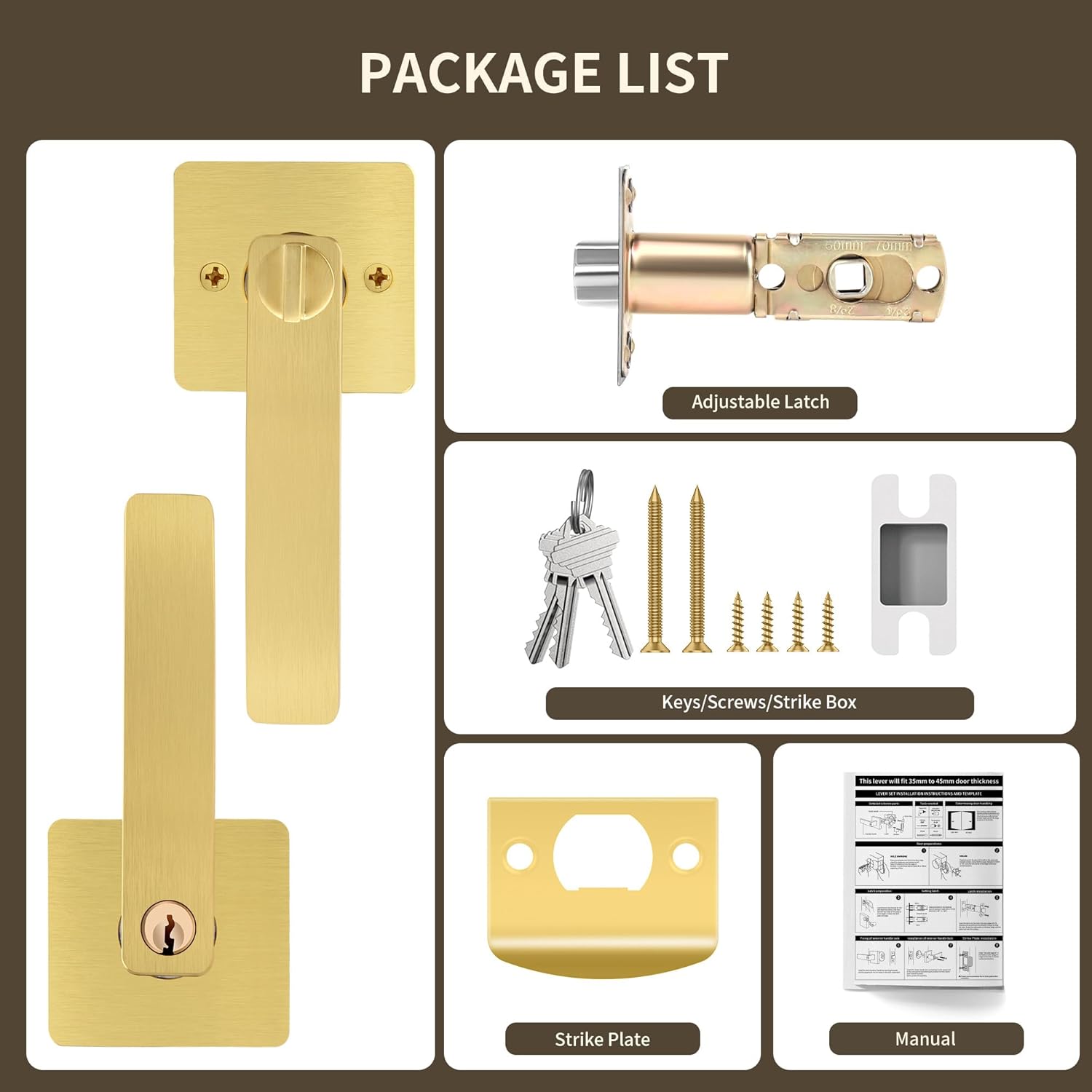 Moquin Gold Door Handles with Lock and Key, Heavy Duty Square Brushed Gold Door Handles with Reversible Lever for Bedroom or Front Door, Satin Brass