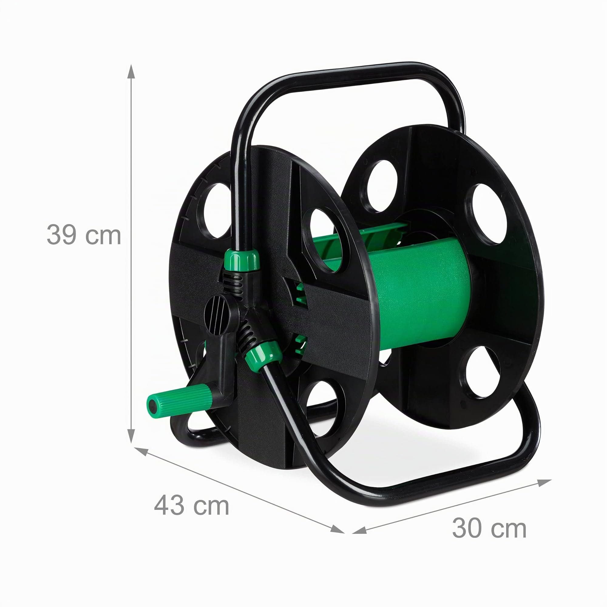 Relaxdays Porte-Tuyau de 30m 1/2 Pouces, Chariot Vide pour Le Jardin, Camping ou Balcon, HBT 39x43x30 cm, Noir-Vert