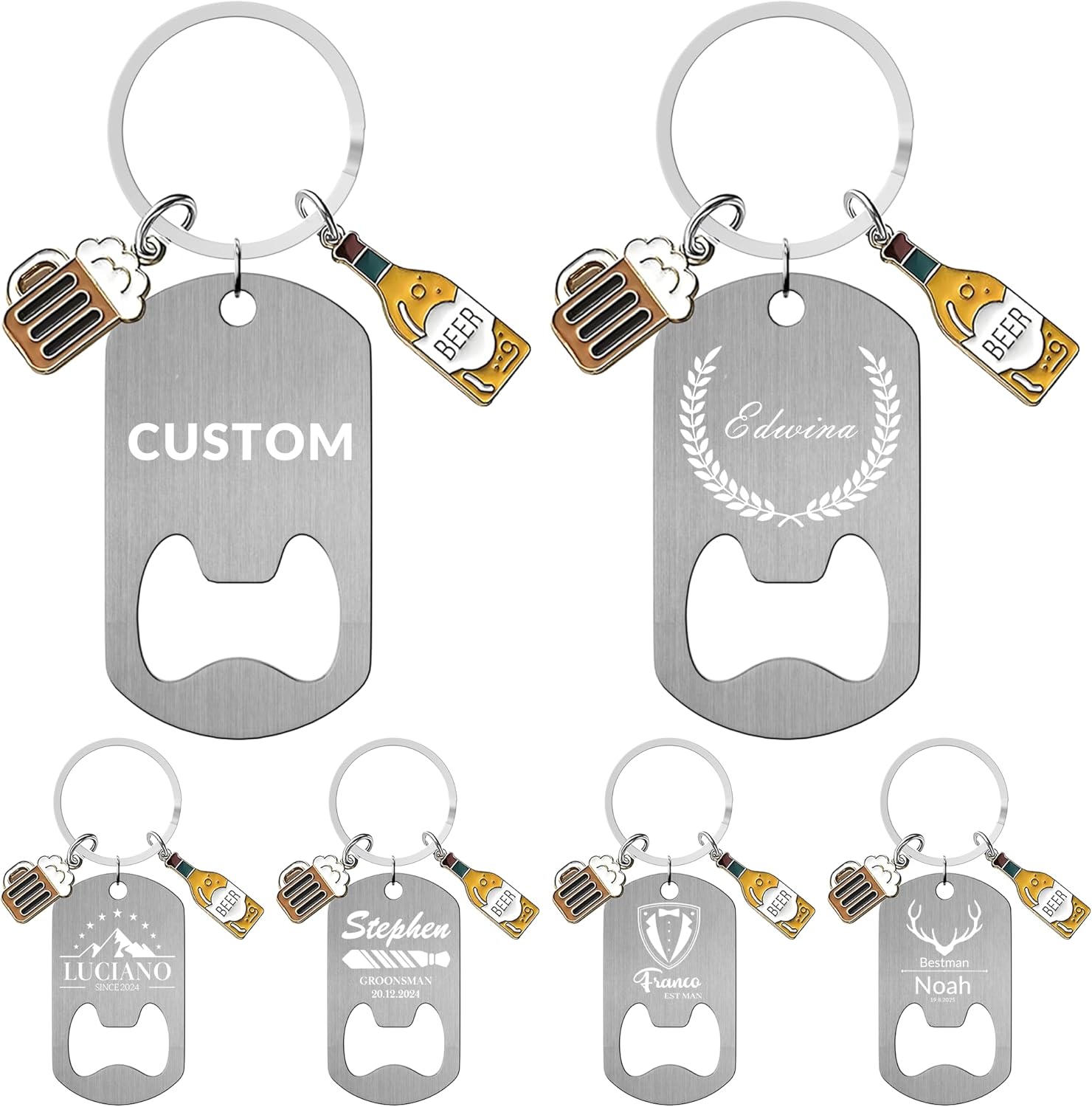 2 in 1 Personalized Bottle Openers Keychains,Pack 5-150 Bulk Custom Metal Keychain with Your Text/Logo/Pattern,Flat Beer Openers Multitools for Wedding Party Favor,Bar,Promotion Gift