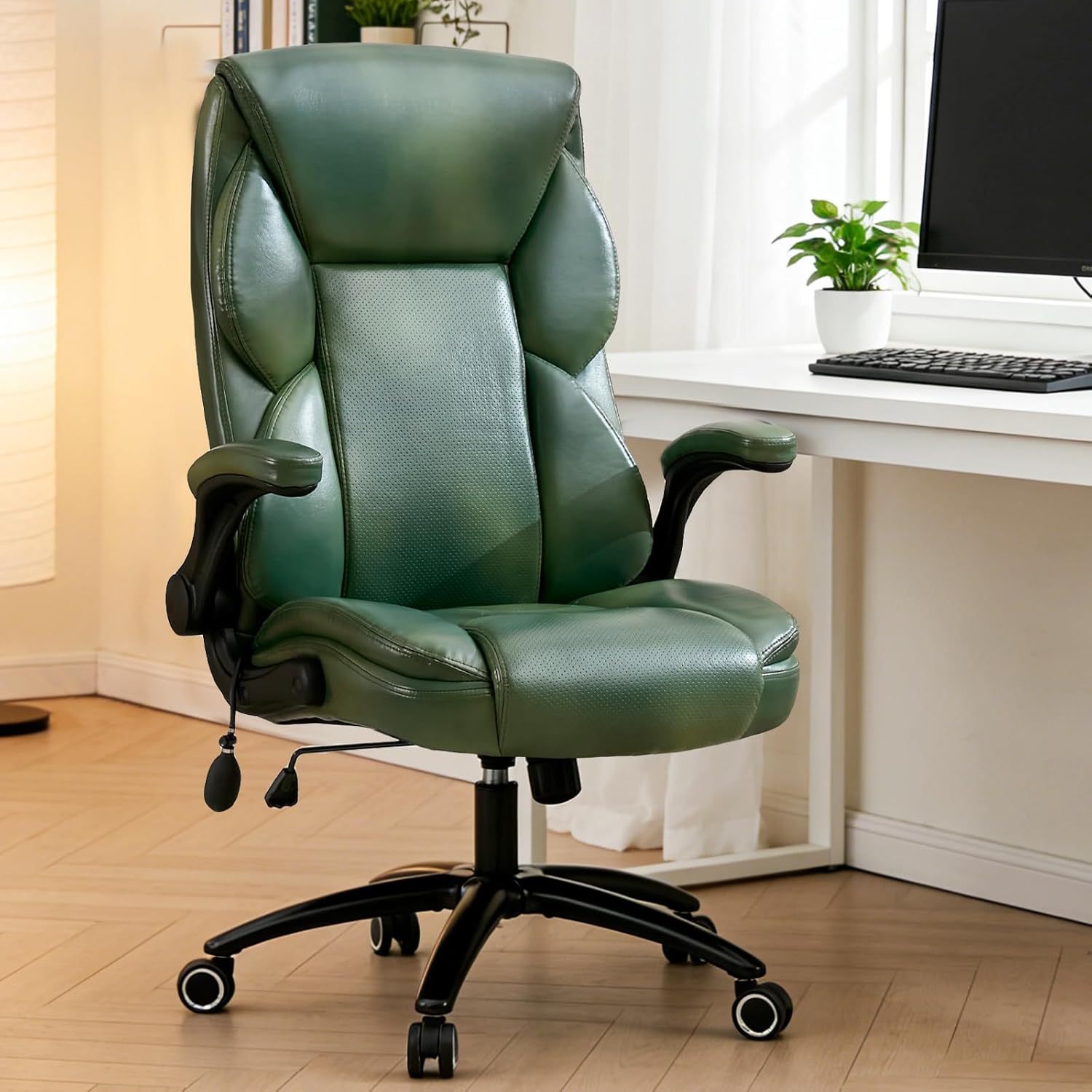 Ergonomic Office Chair Gaming Chair Comfy - Breathable Leather Desk Chair with Lumbar Support & Back Support, Rolling Home Office Chair with Wheels, Comfortable Computer Chair for Desk,Green