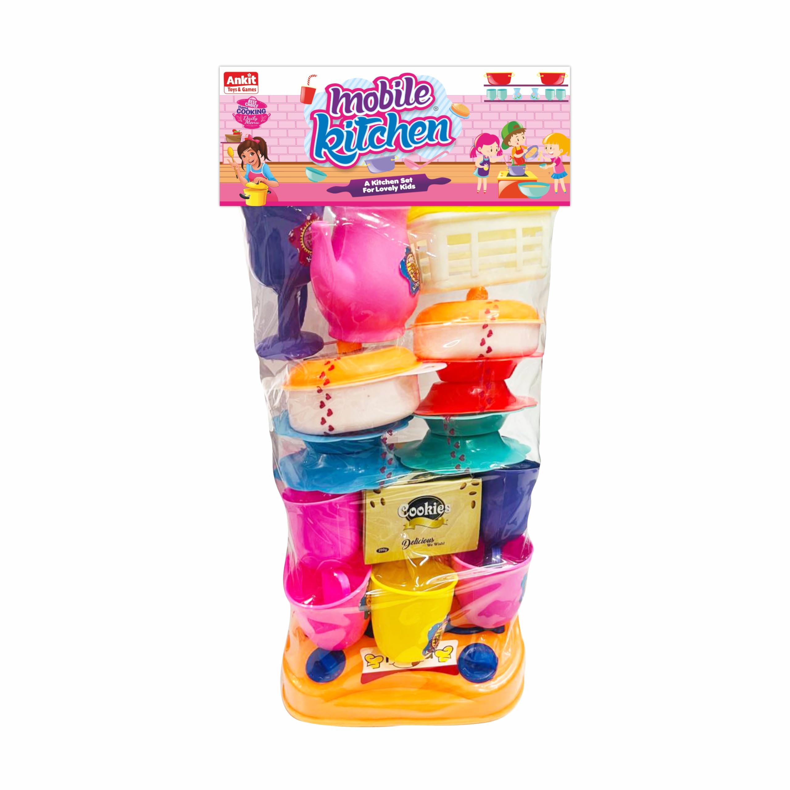 Ankit Toys & Games Mobile Kitchen Set for Kids Toy with Mini Appliances, Ideal for Imaginative Cooking and Role-Playing, Accessories and Play Food Portable Interactive (Set of 25 Pcs)
