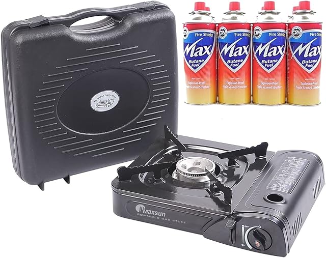 Maxsun Camping Gas Stove, Cooker, Portable Outdoor Single Burner, Available with Camping Gas, Butane Canisters, Lightweight, Safe Perfect for Picnics BBQ with Bonus Bag (stove + 4 Butane gas)