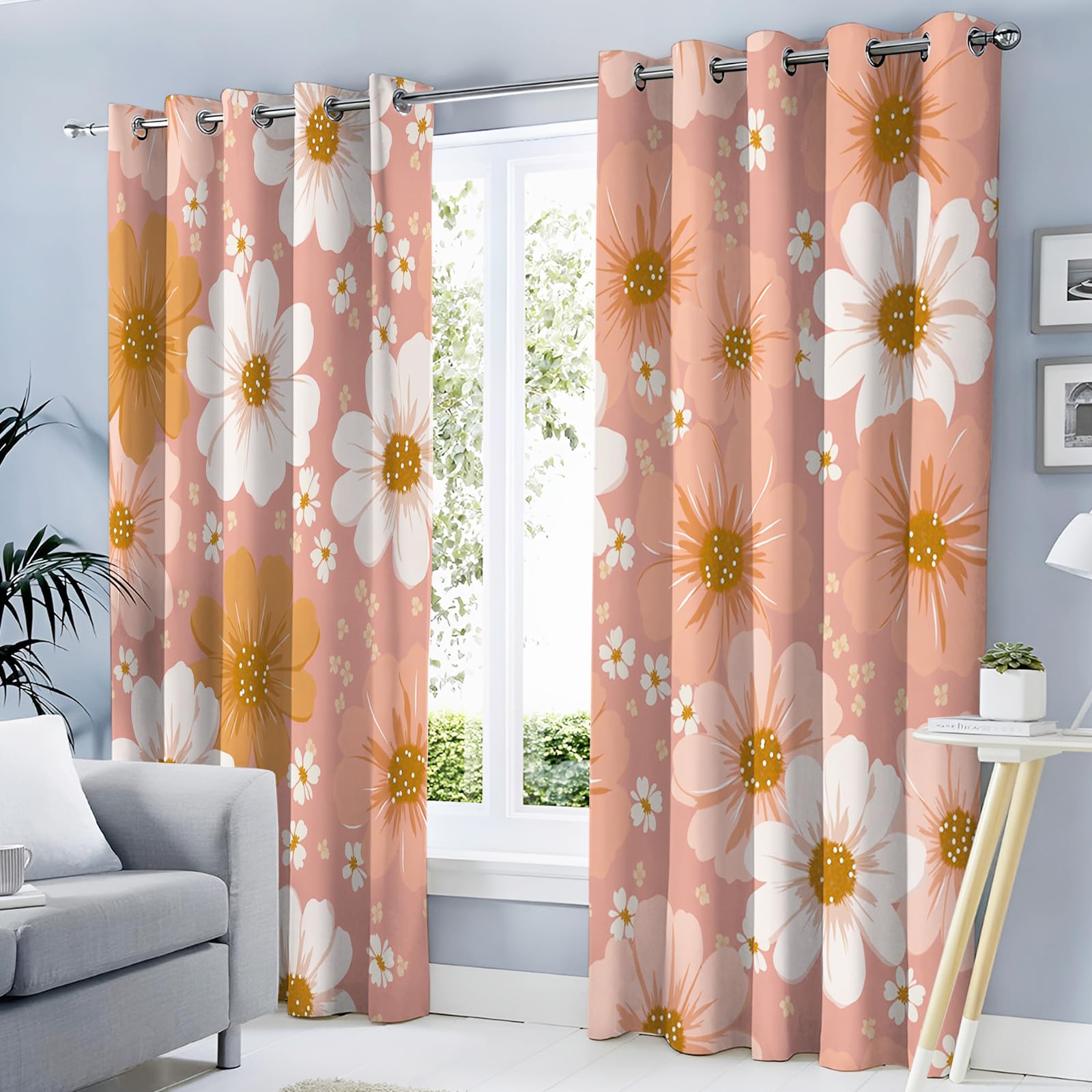 Rideau isolation thermique rose motif marguerite 117x137cm par 2 pour fenêtres de maison