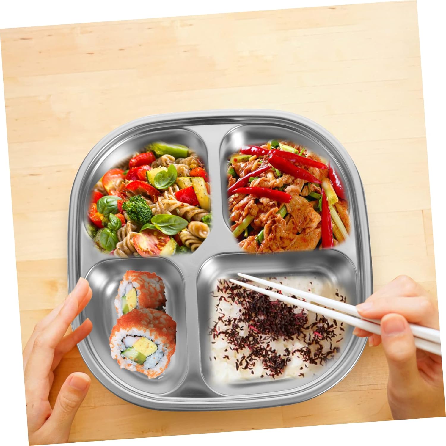 Stainless Steel Divided Lunch Plate with Deep Compartments for Balanced Meals Reusable Food Grade Tray Dishwasher Safe for Camping School Picnic and Restaurant Use