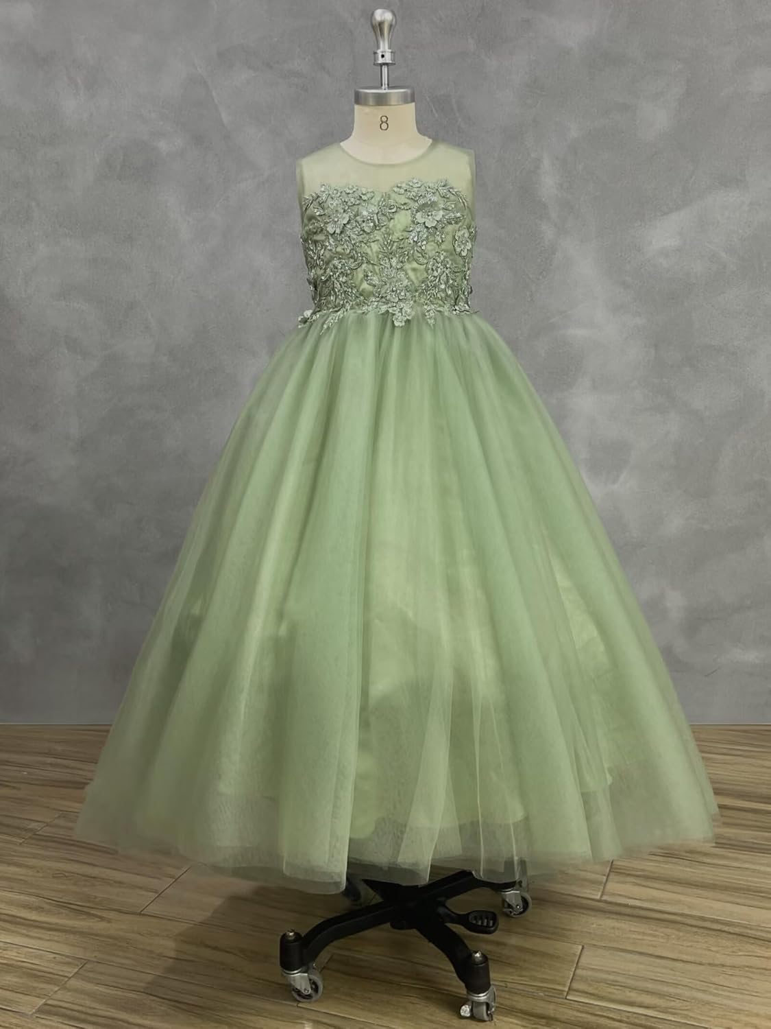 dideyttawl Flower Girls Dress Lace Appliqued Beaded Pearl Puff Tulle Floor Length Sleeveless Dresses Formal Prom Gowns