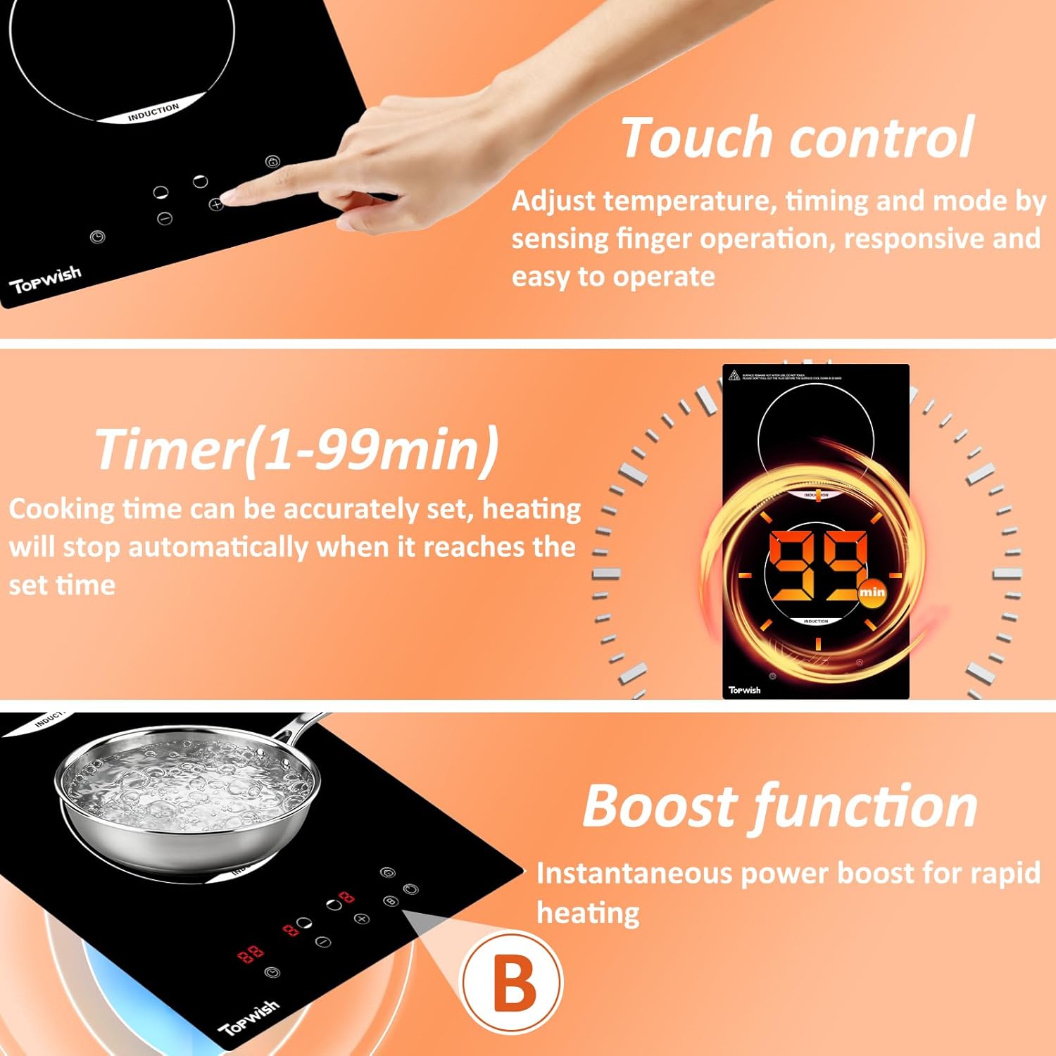 Topwish Induction Cooktop Touch Controls and Functions
