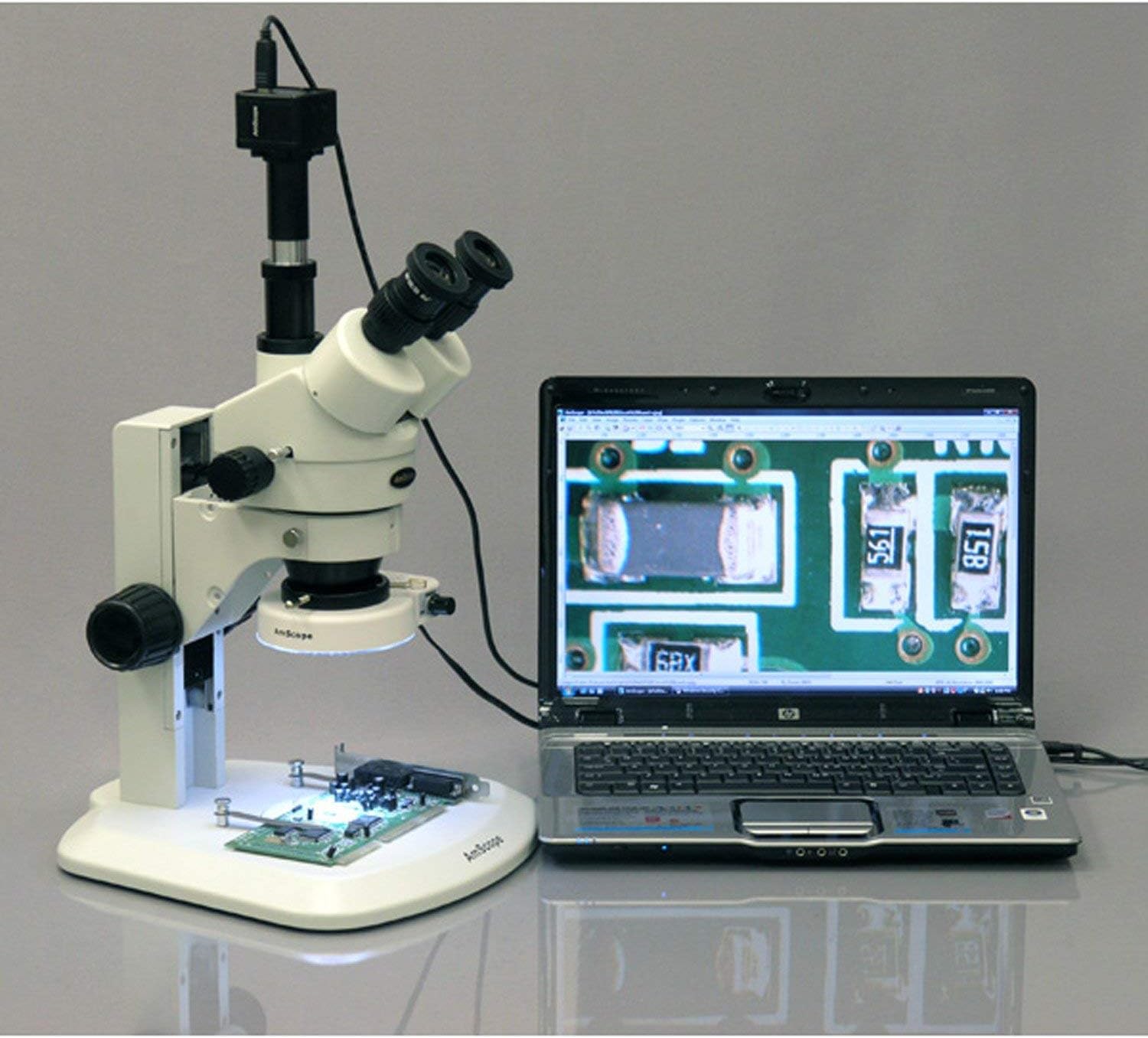 AmScope SM-1TRZ-80S-5M Digital Professional Trinocular Stereo Zoom Microscope, WH10x Eyepieces, 3.5X-90X Magnification, 0.7X-4.5X Zoom Objective, 80-Bulb LED Ring Light, Track Stand, 90V-240V, Includes 0.5X and 2.0X Barlow Lenses and 5MP Camera with Reduction Lens and Software