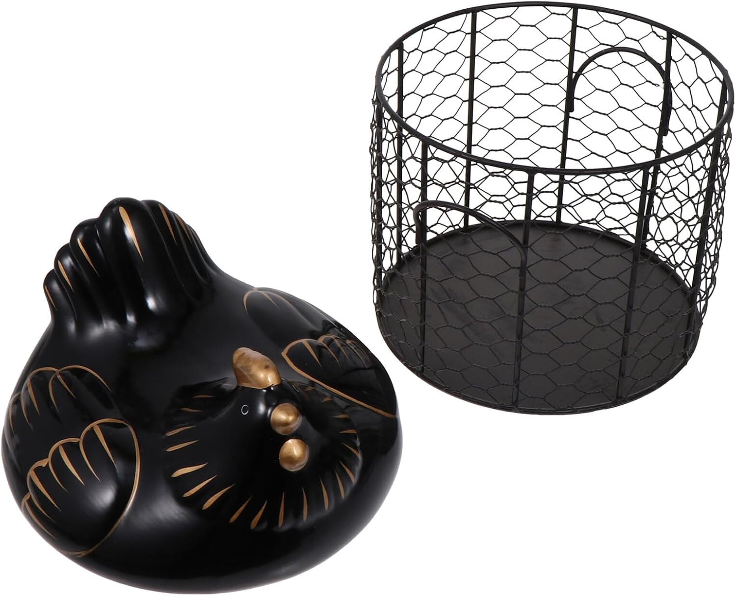 DOITOOL Ceramic Covered Egg Basket with Iron Frame Black and Gold Kitchen Storage Container Fruit and Snack Organizer for Home Kitchen Use