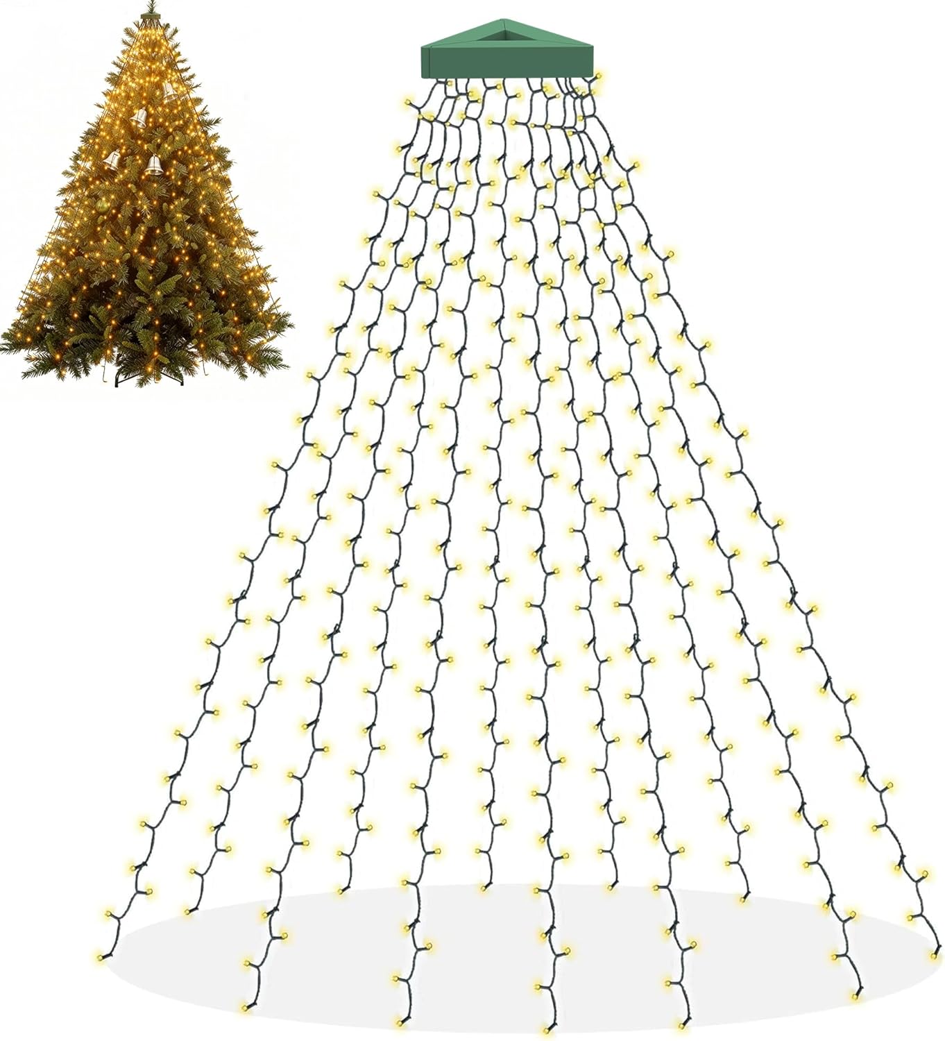 christmas tree lights, 400 led cascading twinkle waterfall lights with 8 light modes & memory function, 6.6ft x 16 lines outdoor xmas light for christmas tree toppers decoration - warm white