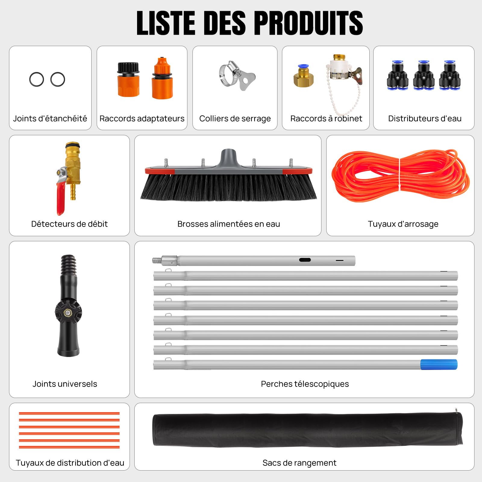 Brosse de Lavage Télescopique 7 m avec Alimentation en Eau - Kit Nettoyage Panneaux Solaires, Fenêtres et Toits - Perche Extensible de 140 cm à 700 cm - Tête PP Rotative