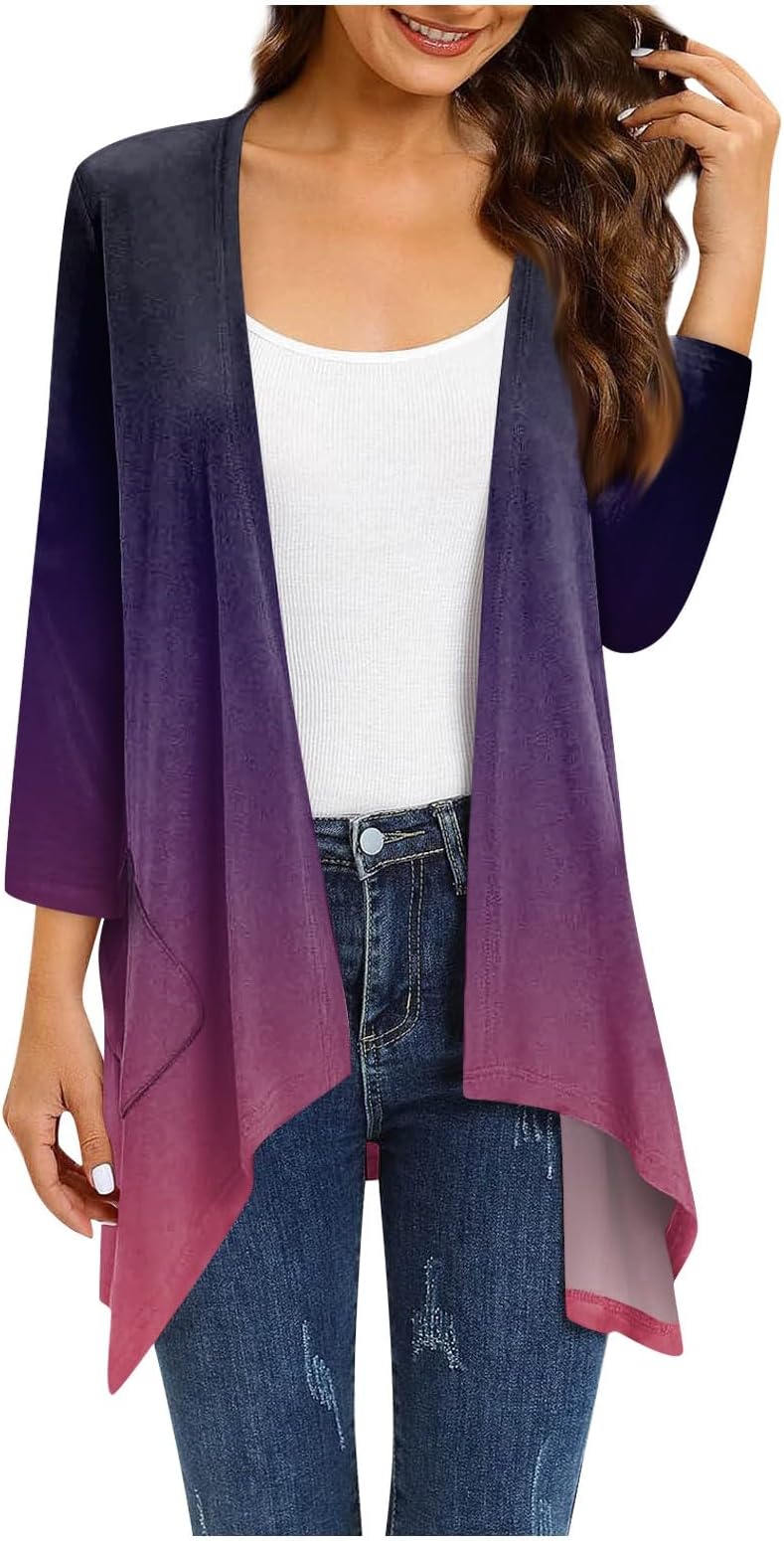 Kenvina Cardigan Sweaters for Women Lightweight Fall Open Front 3/4 Sleeve Sweater Coat Loose Printed Jacket Casual Outwear
