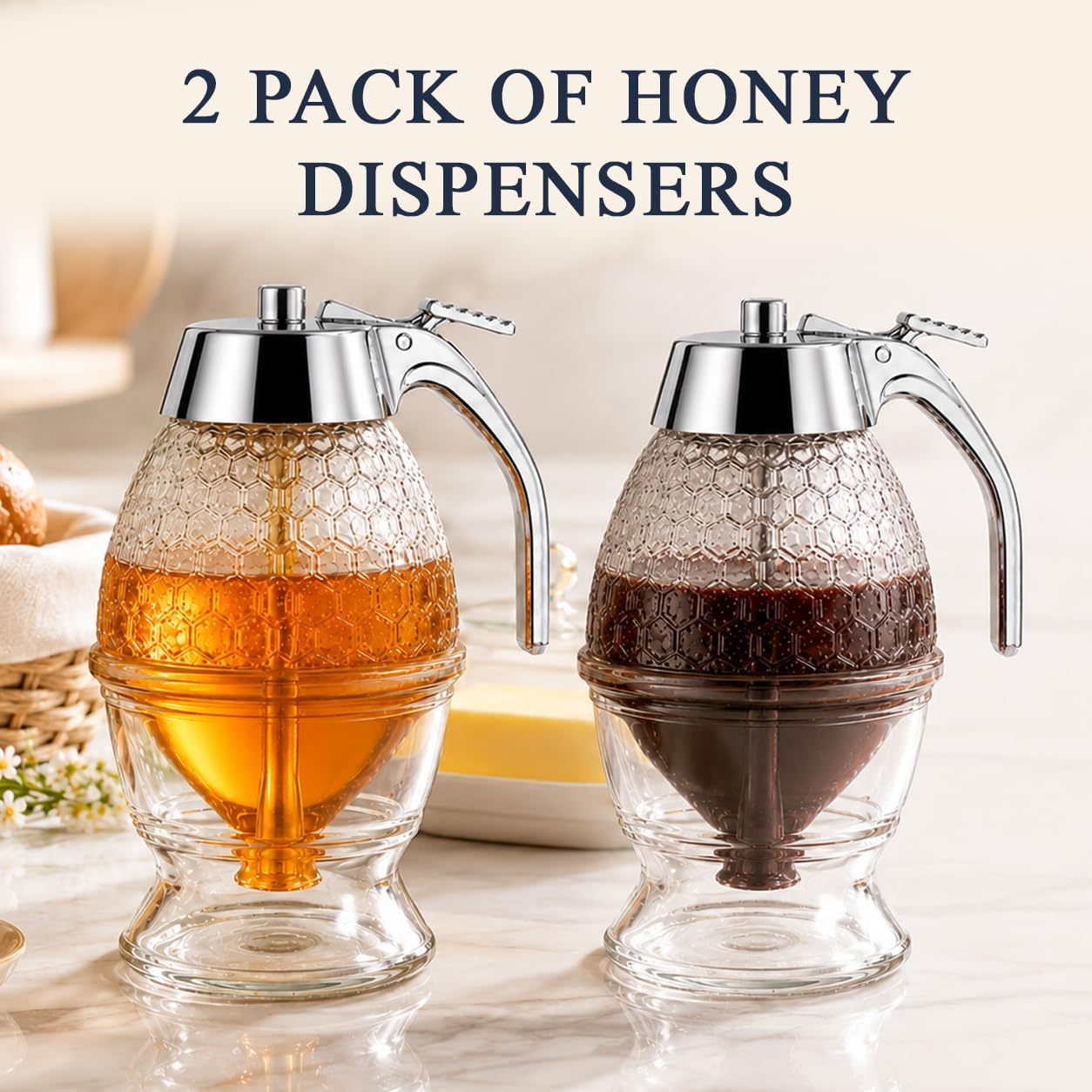[2 PACK] Glass Honey Dispenser with Stainless Steel Top | Bee-Themed Jar