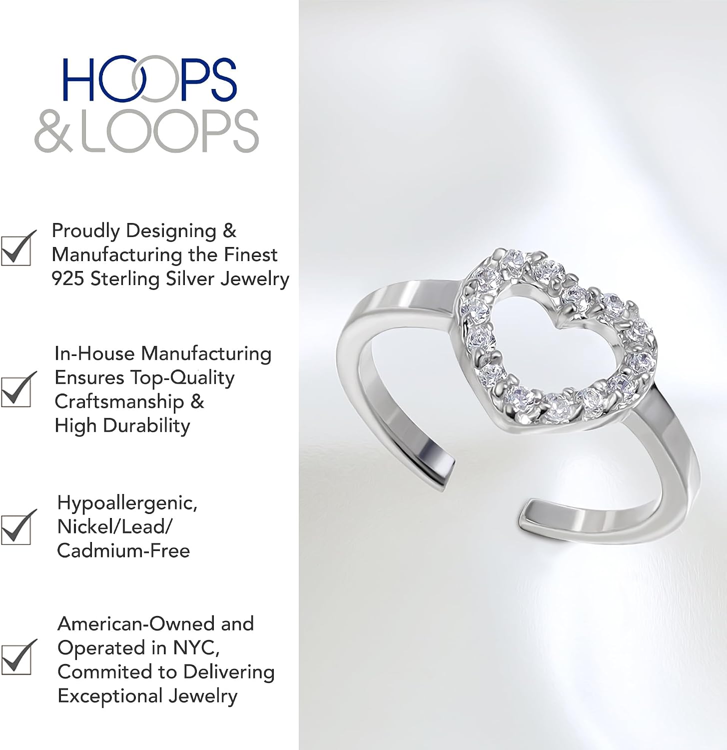 Hoops & Loops 925 Sterling Silver Cubic Zirconia Open Heart Toe Ring for Women