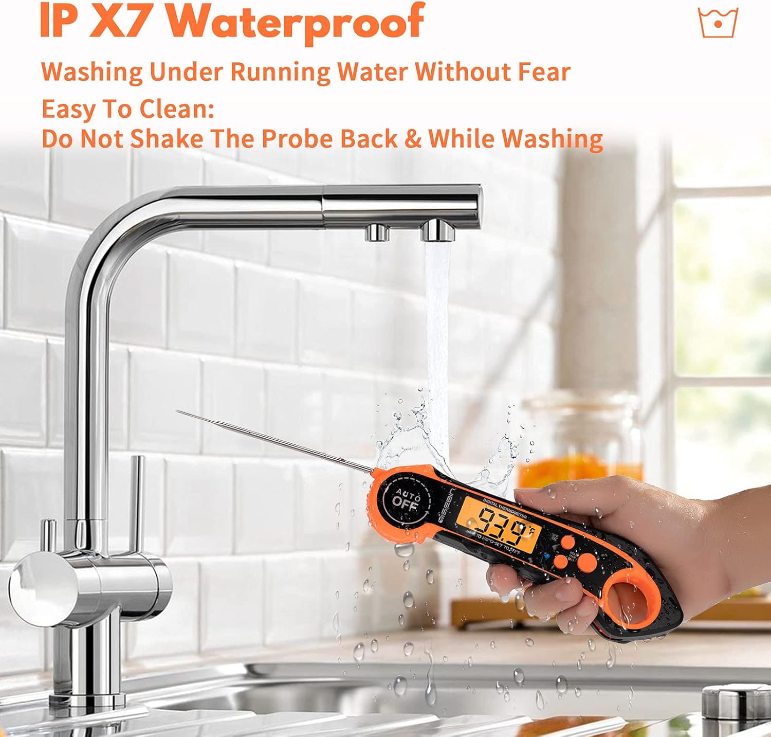 review Qisebin Digital Meat Thermometers for Cooking Grilling - IPX7 Waterproof Instant Read Food Thermometer for Meat, Deep Frying, Baking, Outdoor & BBQ (Orange)