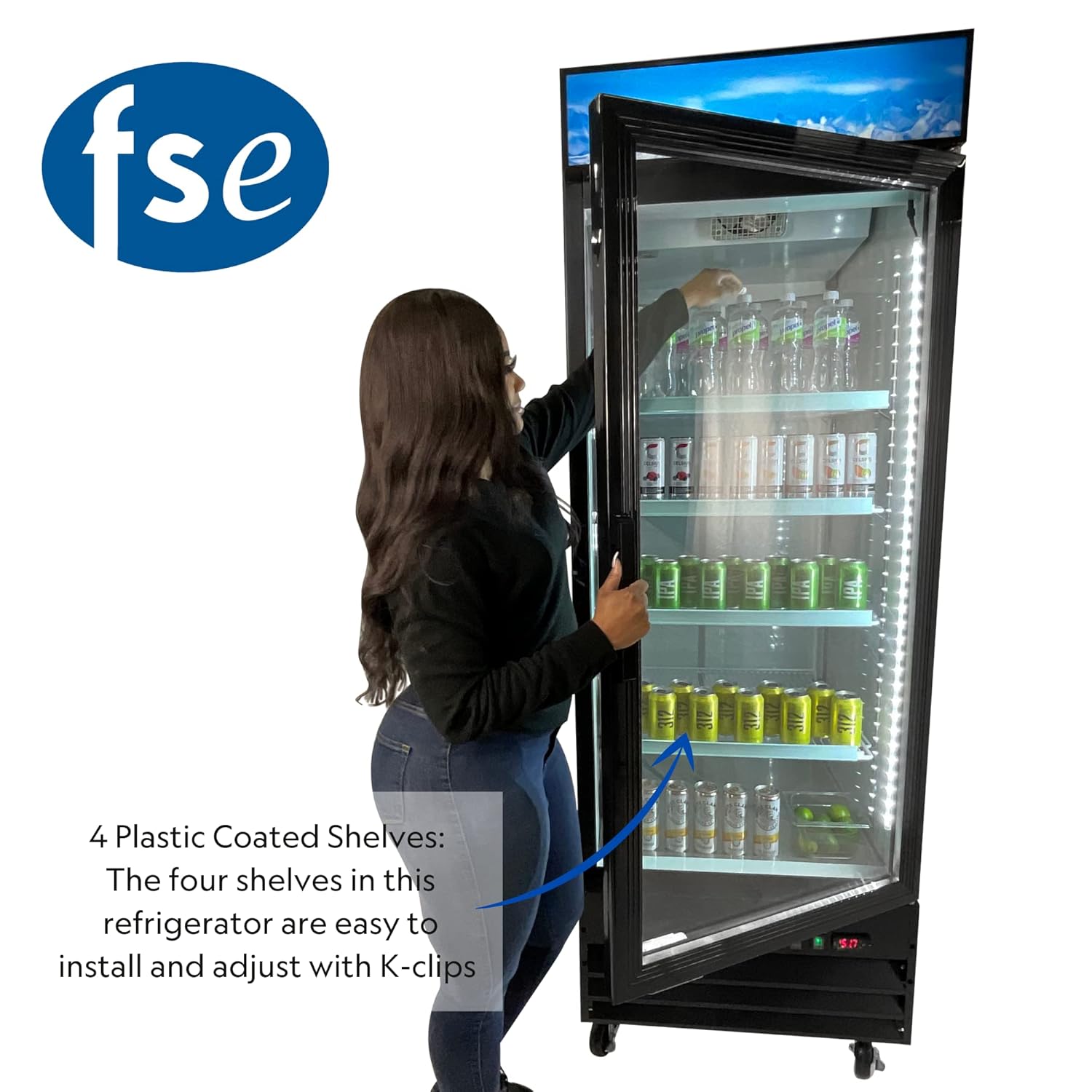 fse 28-1/4"W x 31-3/4"D x 81" H One Section Merchandiser Refrigerator with Single Swing Glass Door and LED Lighting, Black, 115v, MRFS-1D/B