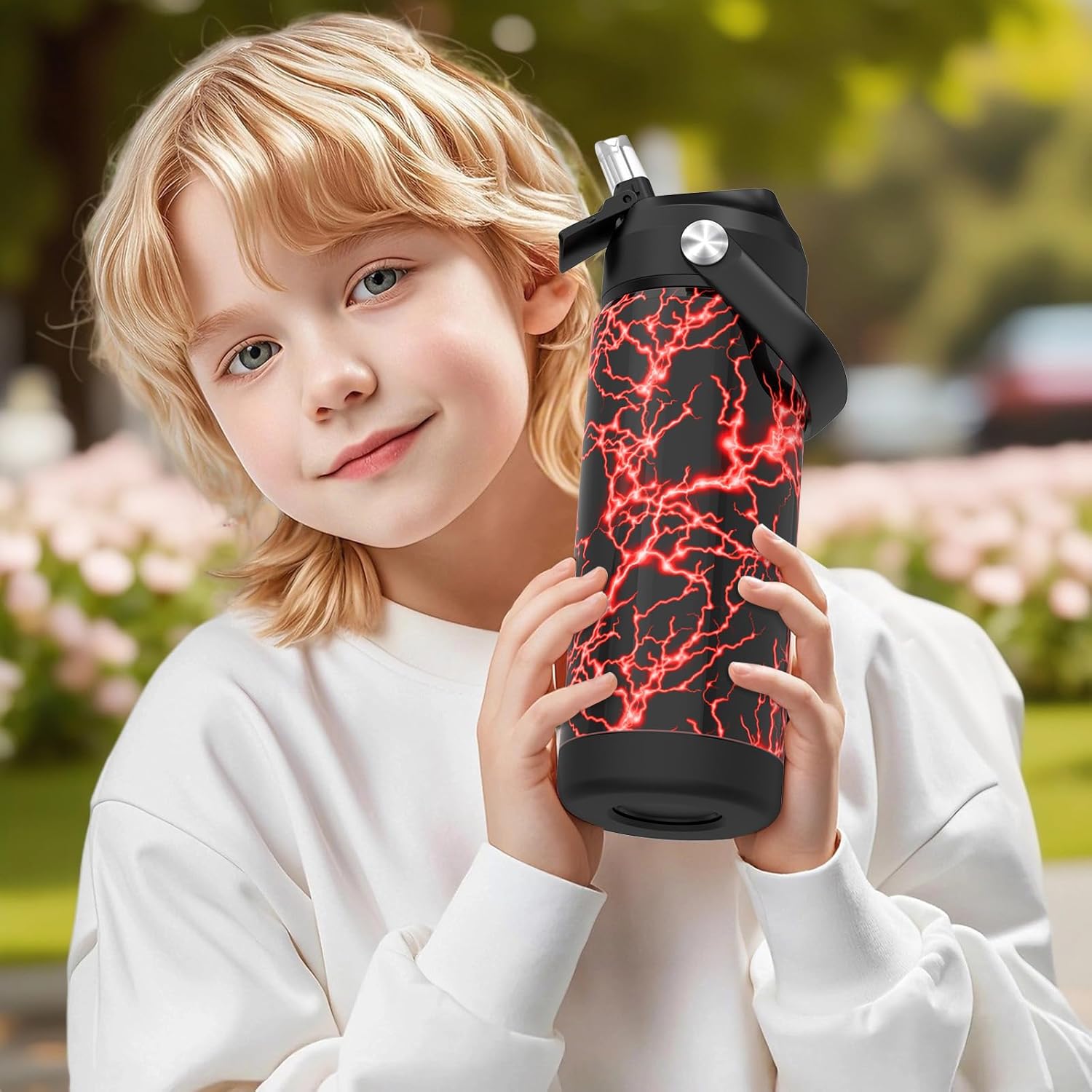 Boys Girls Water Bottle with Straw,18 oz Kids Insulated Cups with Stainless Steel Leak Proof for School,Sport&Travel（Lightning-Red）