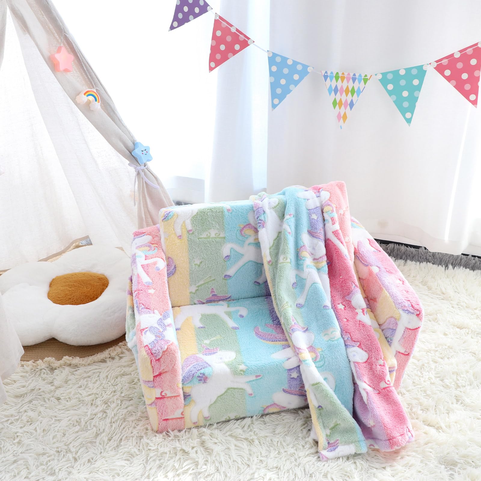 DILIMI Kids Couch, 2-in-1 Toddler Couch Sofa with Blanket, Comfy Toddler Chair Kids Sofa for Boys Girls, Convertible Sofa Bed to Lounger, 1 seat butterfly pink