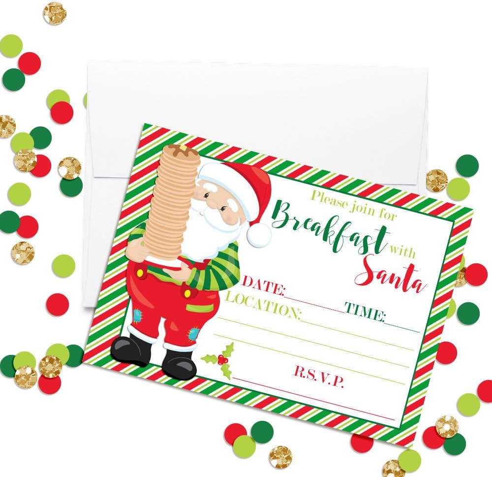 Breakfast with Santa Party Invitations, 20 5x7 Fill In Cards with Twenty White Envelopes by AmandaCreation