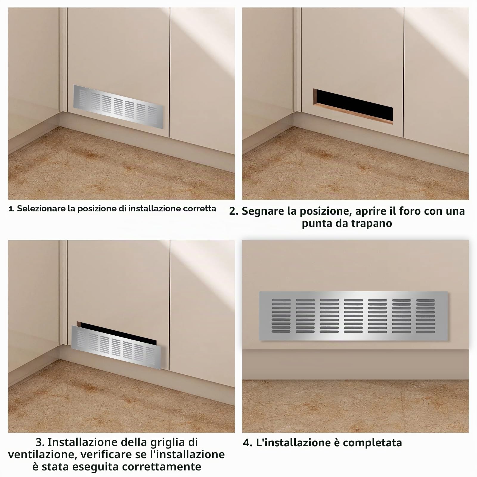 4 griglie di ventilazione in alluminio, griglia di ventilazione, griglia di ventilazione, rettangolare, per scarpiera, bagno, cucina, soggiorno, 80 mm x 300 mm