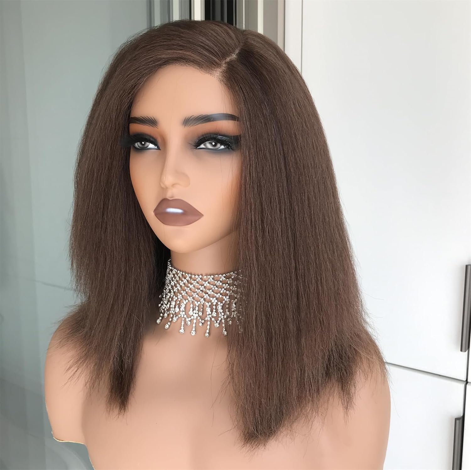 Brown Wig mix Blonde Highlight Wear and Go Glueless Yaki Kinky Straight Synthetic Lace Front Wig Pre Everthing for Beginner Pre Cut Pre Plucked Short Bob Wig 12 Inch