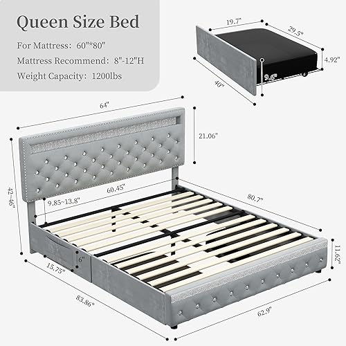 Miniatura 2 de Marco de Cama Queen con LED con 2 cajones, Marco de Cama con Plataforma Tapizada de Servicio Pesado tamaño Queen con almacenamiento y cabecera Negro