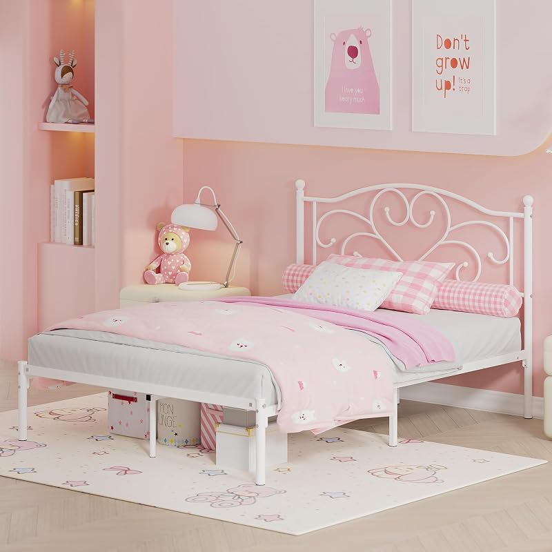 Full Bed Frame with Headboard, Full Size Metal Bed with Storage White image 4