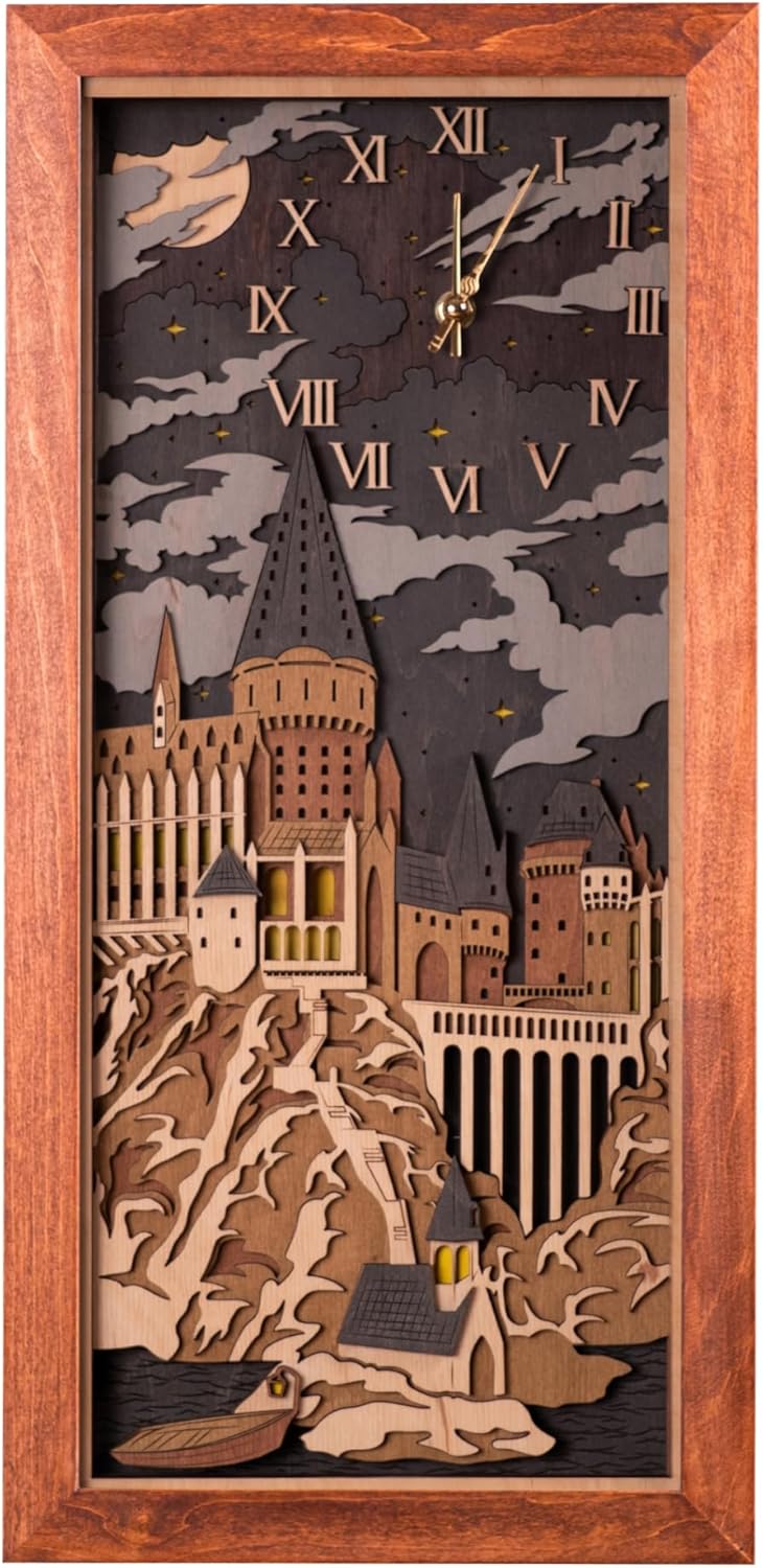 Hogwarts 3D Wall Clock - Unique Collectible Wooden Clock - Silent Large Modern Rustic Decorative Home Decor for Harry Potter Fans (Coffee Brown, L)