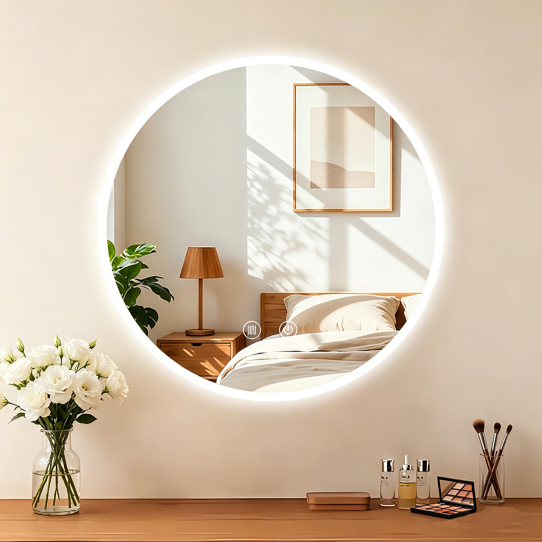 baklon Rund Badspiegel mit Beleuchtung, Badezimmerspiegel Wandspiegel 60cm und Touch-Schalter, IP65-Led-Spiegel-Bad mit Speicherfunktion, 3 Farbtemperatur,dimmbarer,Antibeschlag,HD Hartglas