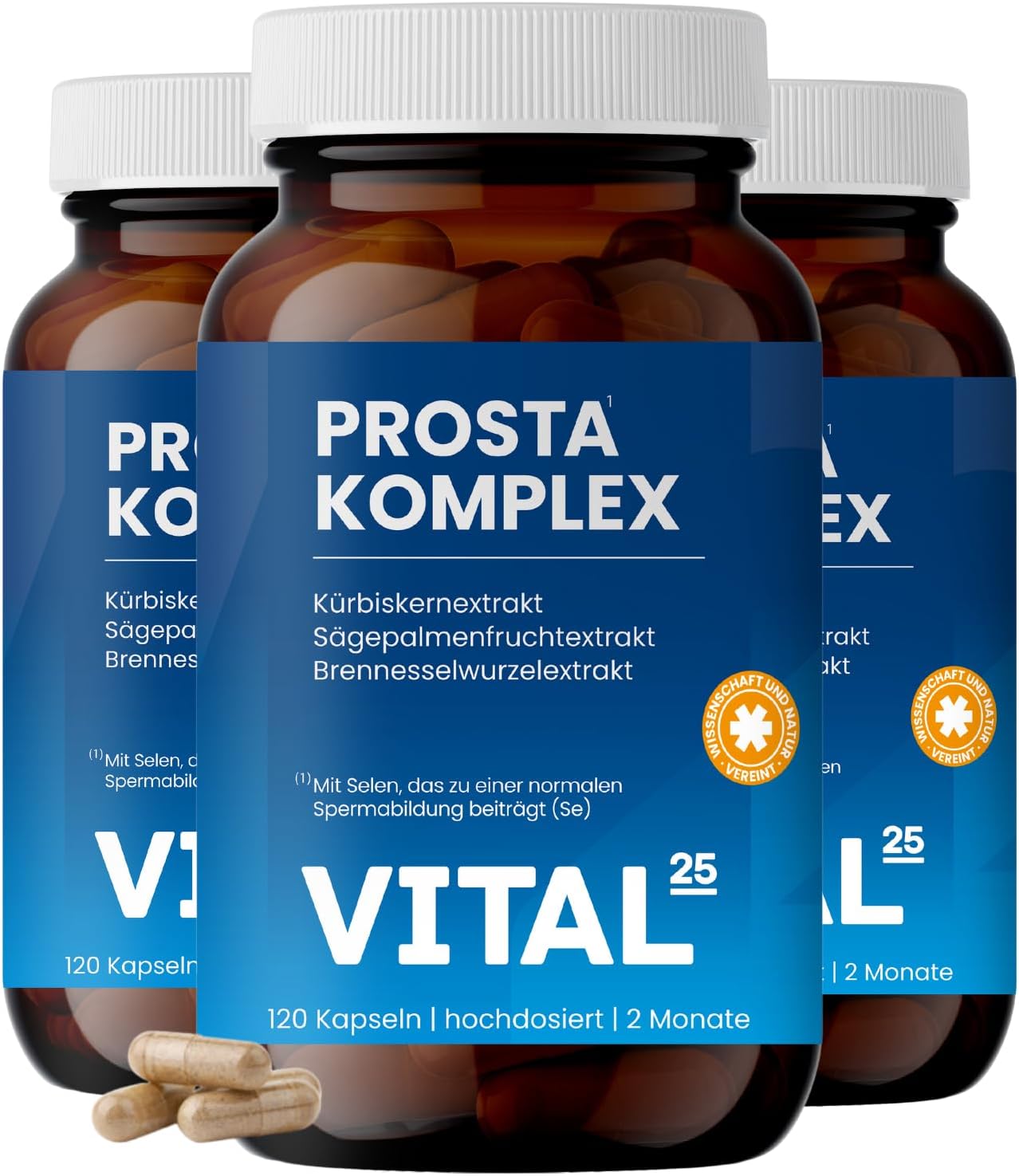 Prosta Complex Capsules in Brown Glass – High Dose with Saw Palmetto Extract, Nettle, Pumpkin Seed, OPC, Lycopene, Vitamin E, Zinc, Selenium – Vegan – 270 Capsules for 6 Months Vital25
