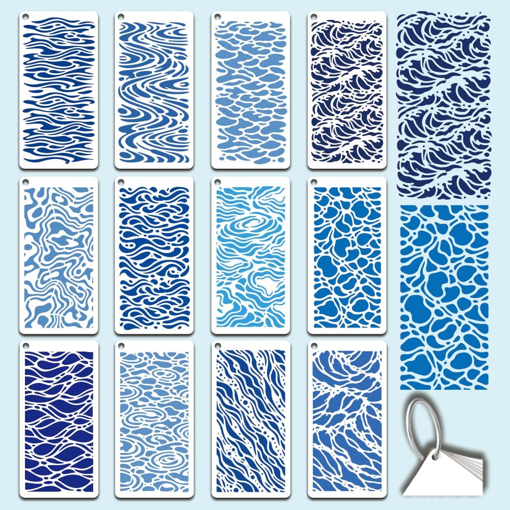 12 Sheets Ripple Water Stencil for Painting, Wave Ripple Lake River Drawing Stencil Ocean Theme Reusable Art Template for Painting on Wall Wood Home Decor