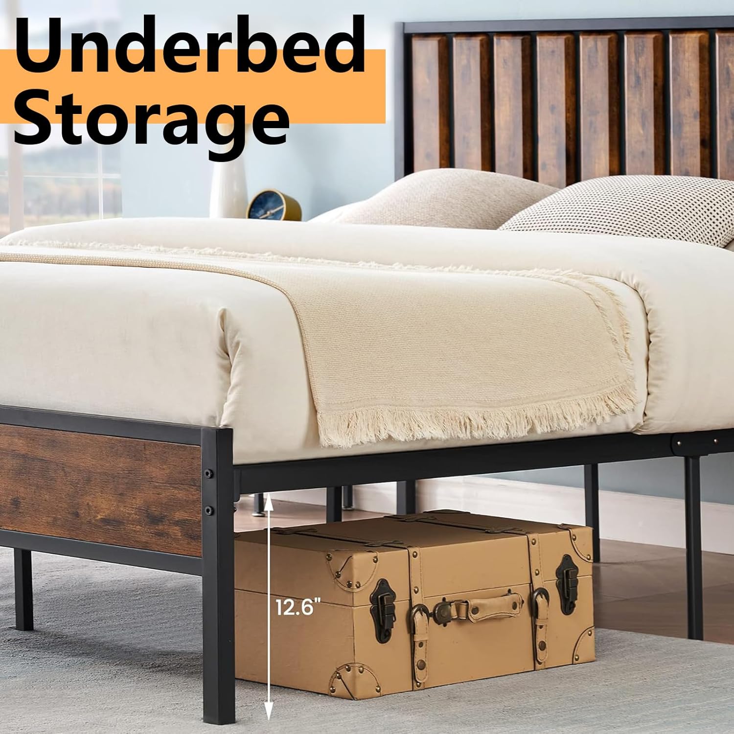 GarveeHome Full Size Bed Frame with Wood Headboard, Metal Platform Bed Frames with Heavy Duty Steel Slats, No Box Spring Needed, Under Bed Storage, Rustic Brown, Full