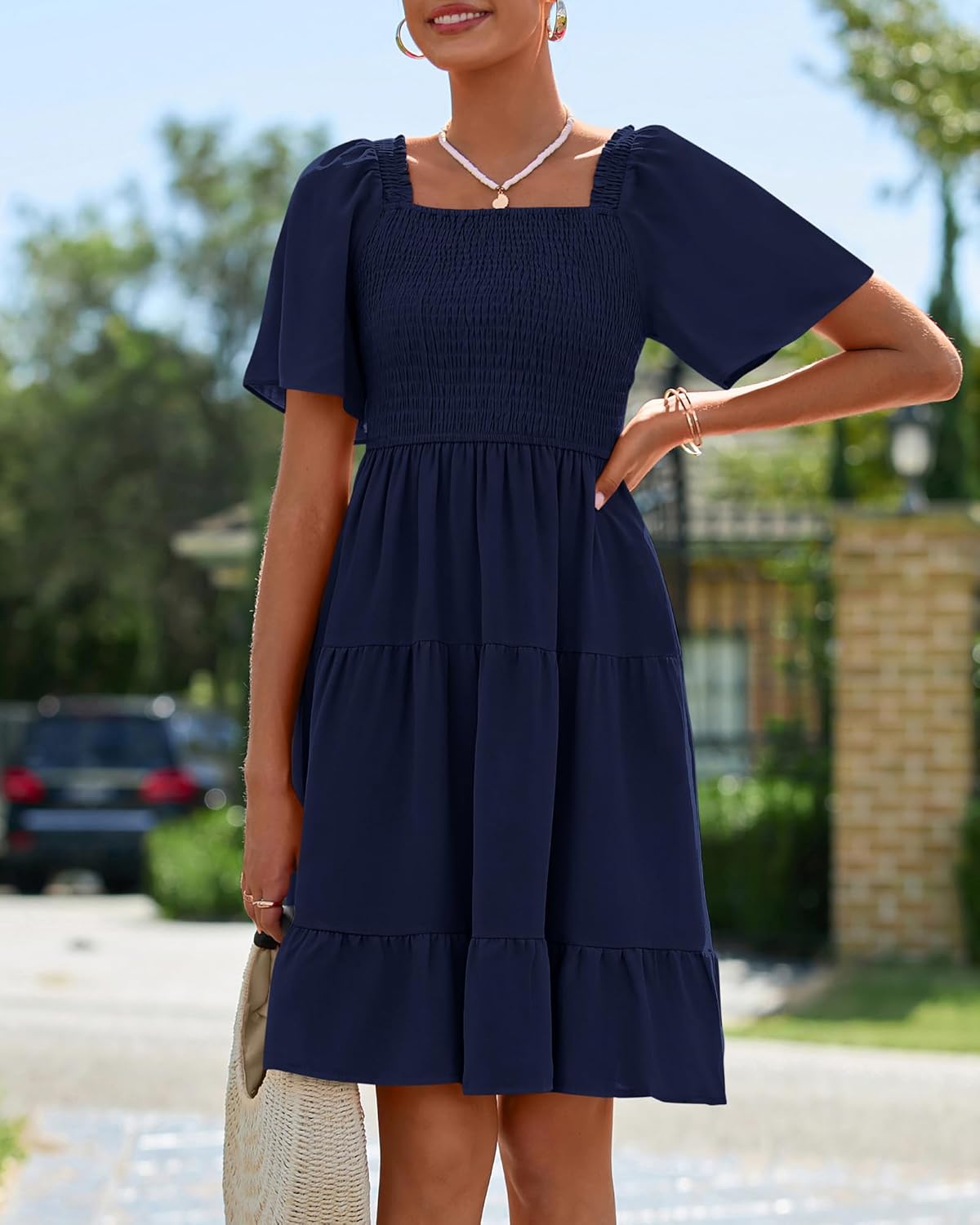 BTFBM Womens Summer Smocked Mini Dress Spring Square Neck Flutter Sleeve Casual Ruffle Swing Boho Beach Dresses Pockets - Image 8