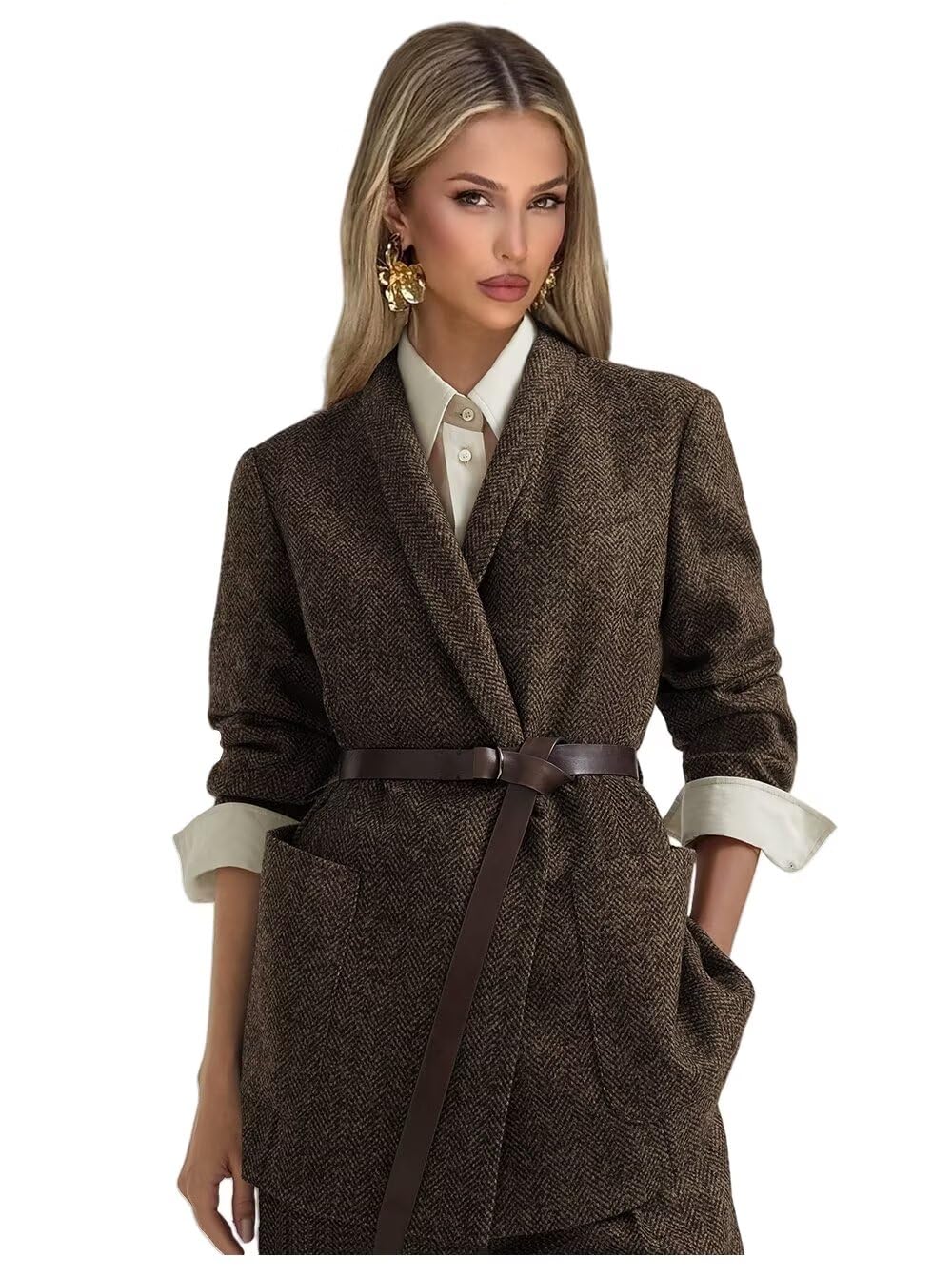 Womens 2 Piece Tweed Suit with Belt Business Herringbone Suits for Women Office Work Shawl Lapel Blazer and