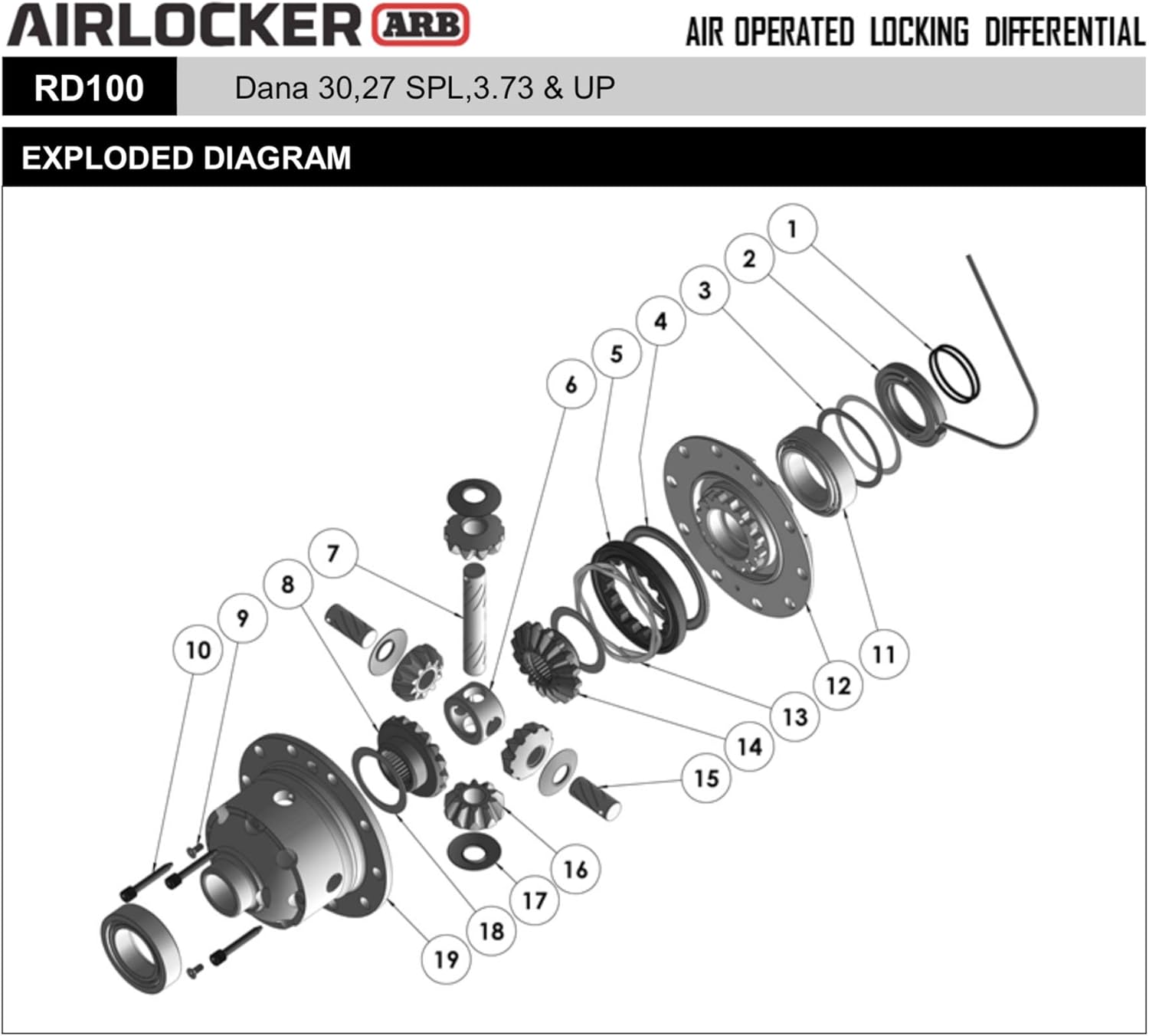 ARB RD100 Air Operated Locking Differential for Dana Spicer 30, 3.73 & Up, 27 Spline for Front Jeep Wrangler JK & JL Non-Rubicon