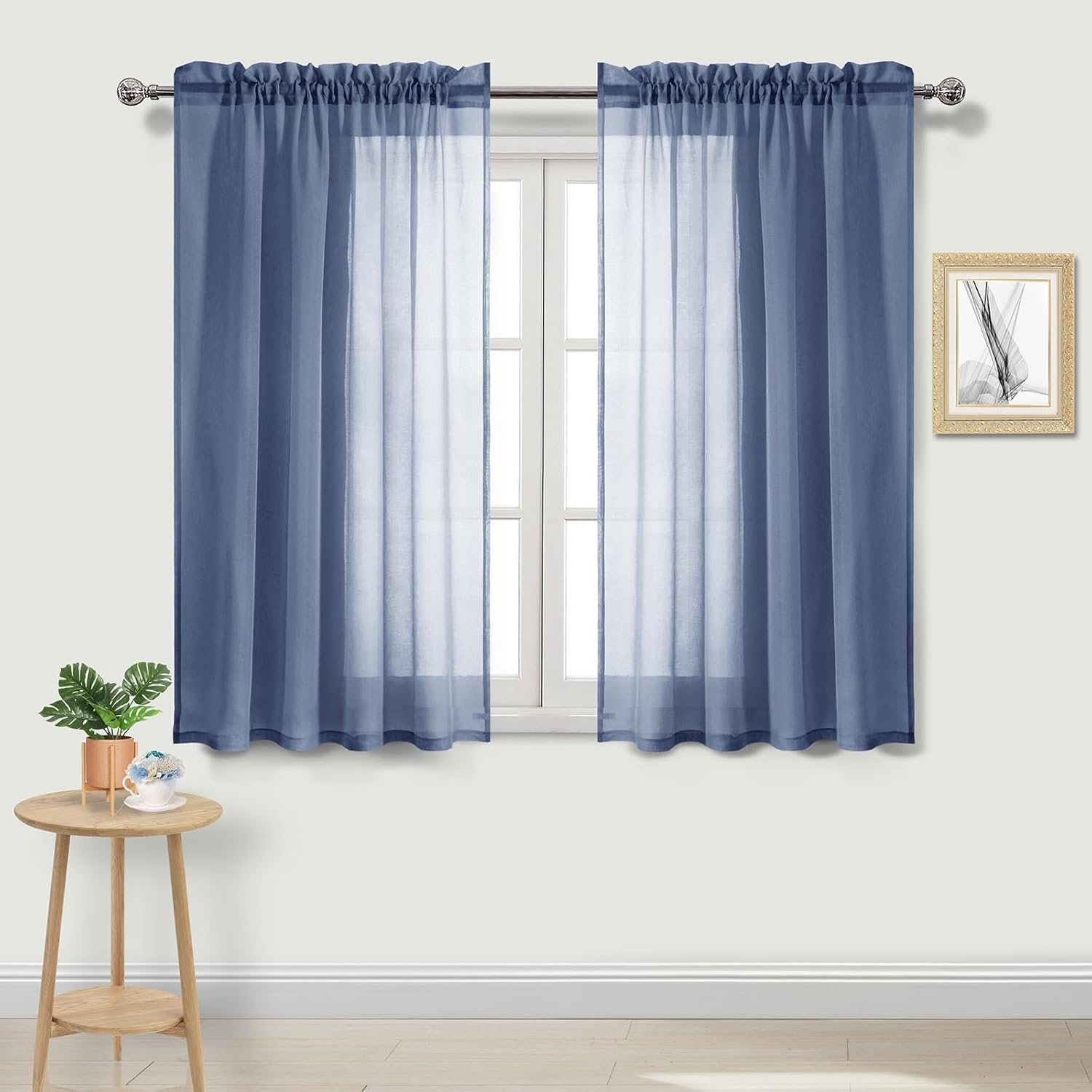 DWCN Sheer Curtains Semi Transparent Voile Rod Pocket Curtains for Bedroom and Living Room, Dusty Blue, 52 x 54 inches Long, Set of 2 Panels