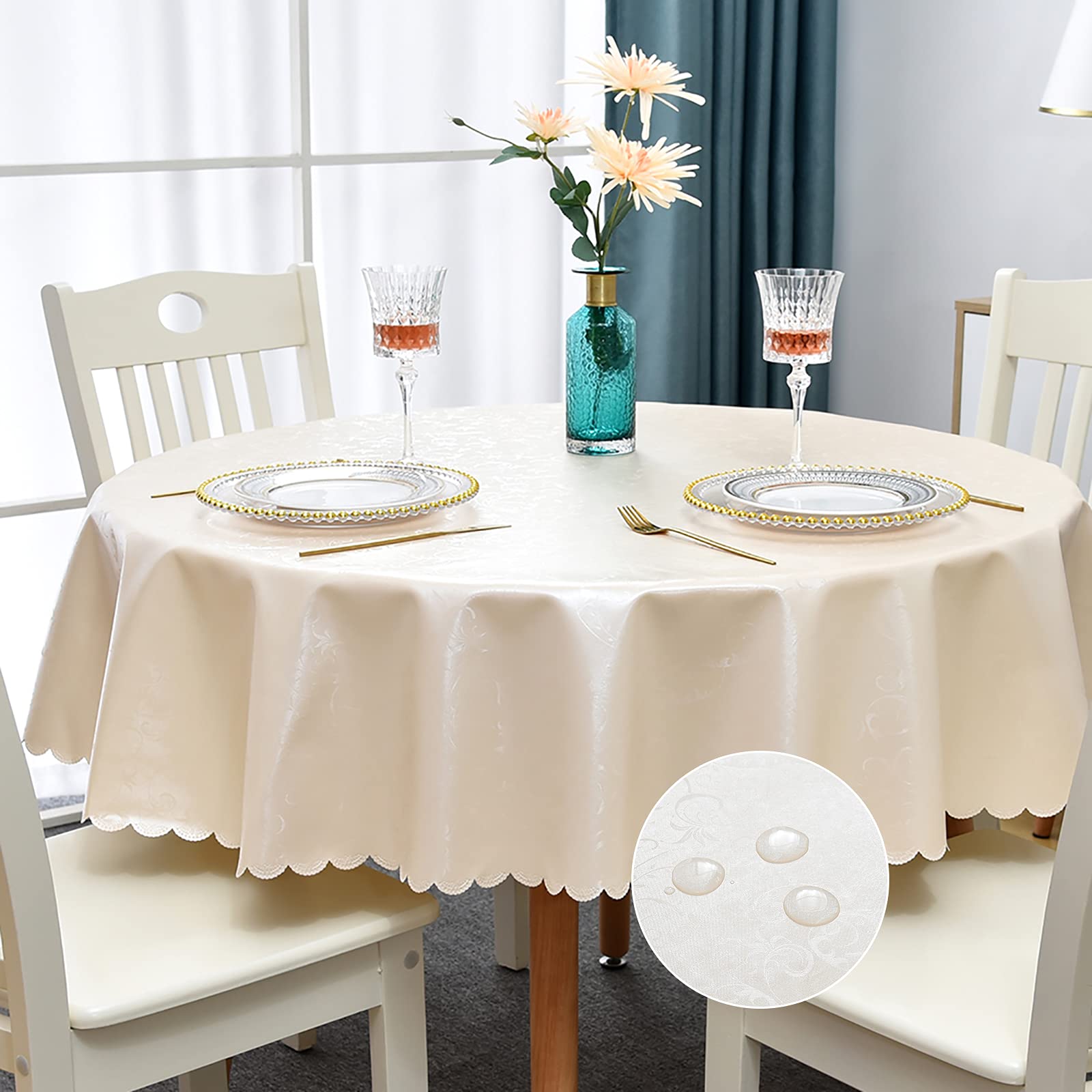 Romanstile Waterproof Vinyl Tablecloth Round, 60 x 60 Inch, Flower Beige