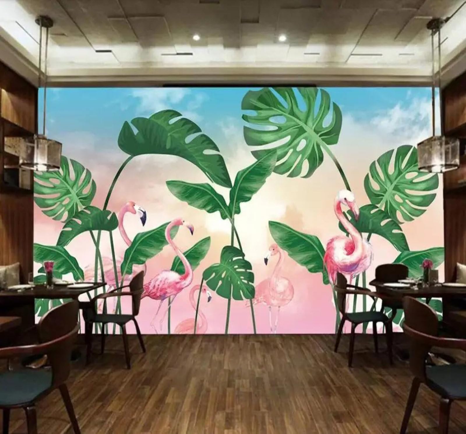 Tzxztt 400Cm×280Cm(B×H) Pastel Tropical Plants Banana Leaves Flamingos Modern 3D Wallpaper Premium Textured Silk Neutral Tones Material Ideal For Living Room Bedroom-400Cm×280Cm