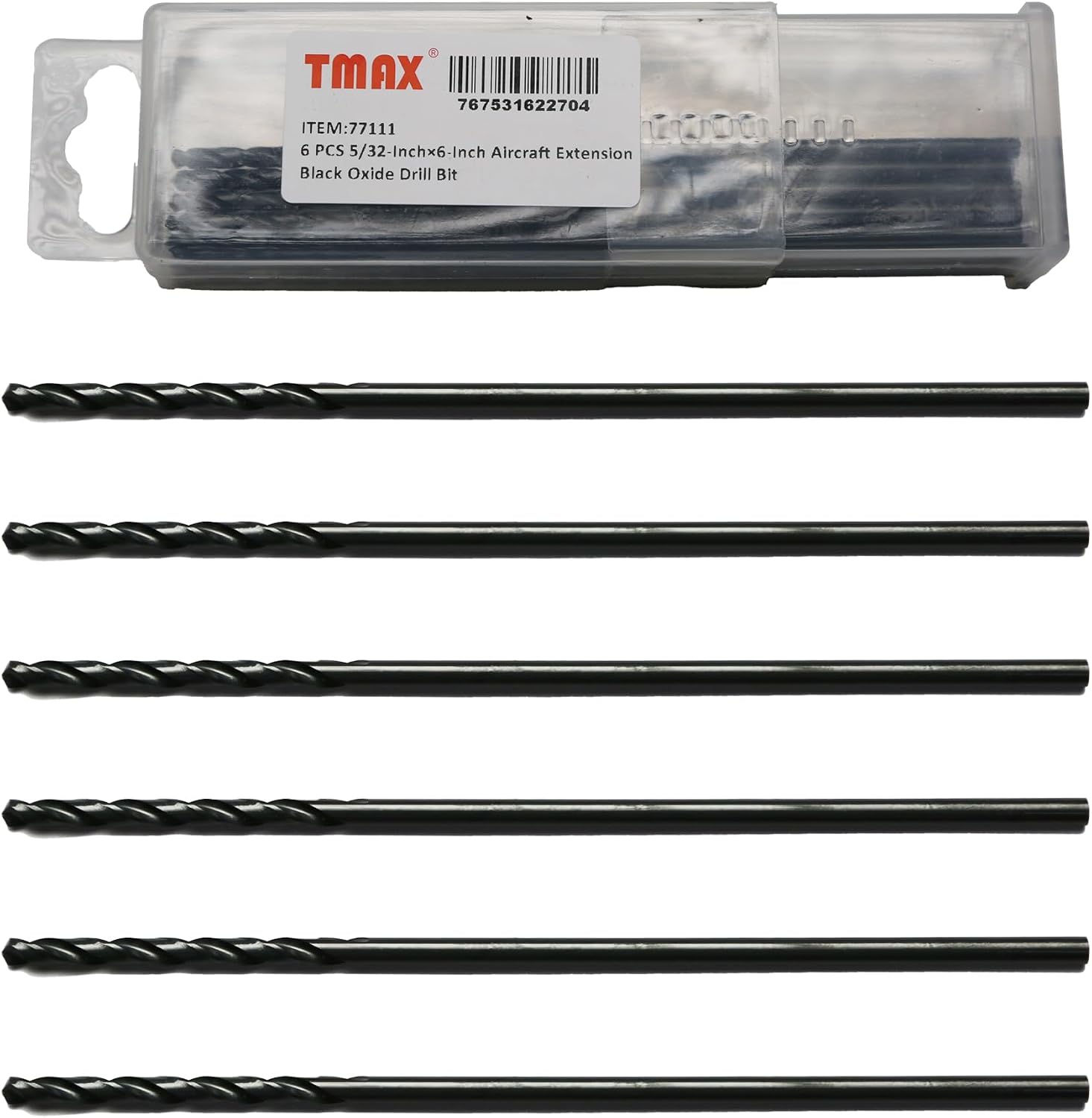 TMAX 6 PC 1/8 Inch x 6 Inch Aircraft Extension Black Oxide Drill Bit, Premium M2 High Speed Steel, Extra Length, for Metal, Plastic, Wood
