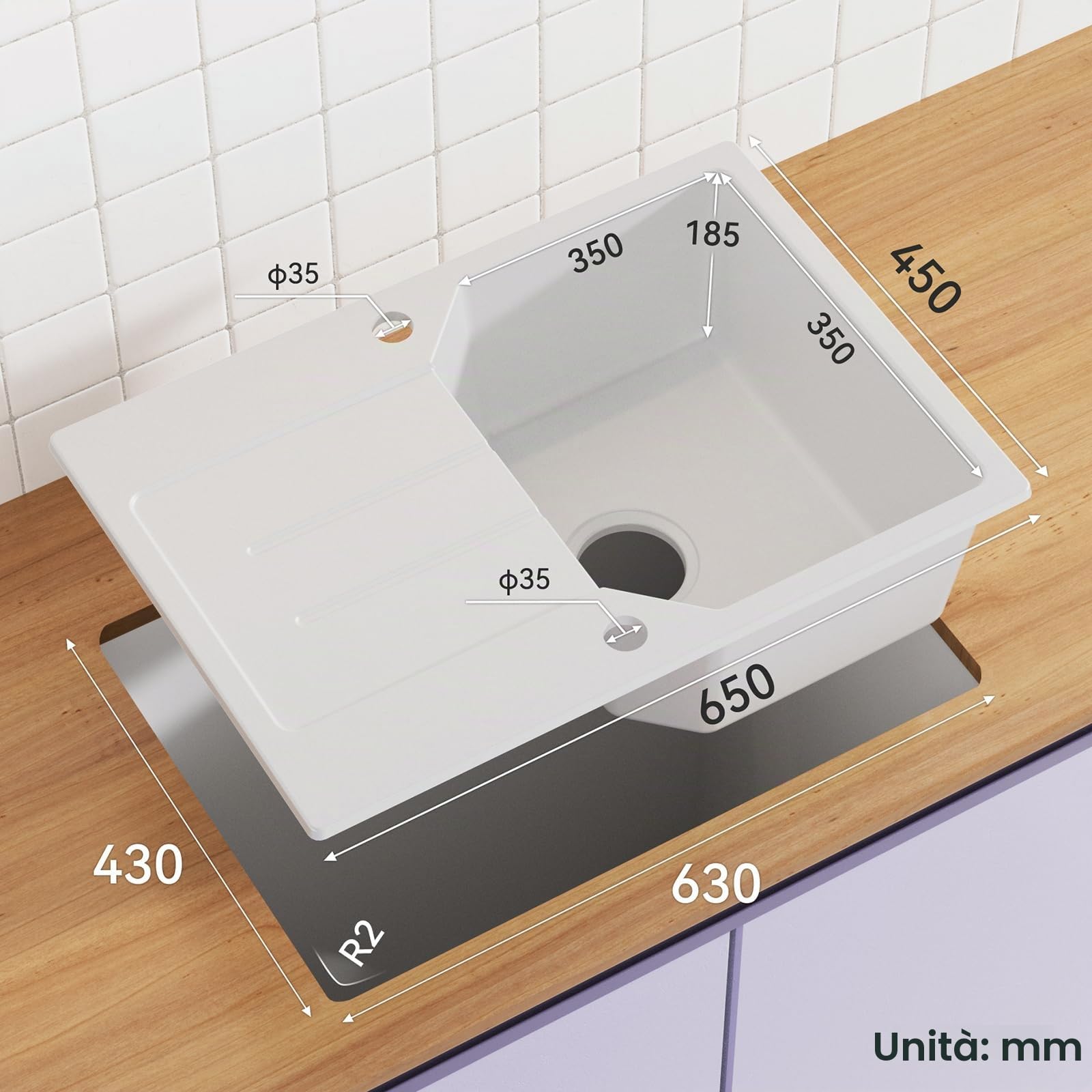 ANYCEE 65 x 45 cm Lavello Cucina con Gocciolatoio, Lavandino Granito Bianco | Lavello Bianco in Granito, Lavandino con 80% Sabbia di Quarzo, per Mobile di Base di Oltre 40cm, Troppopieno e Sifonee