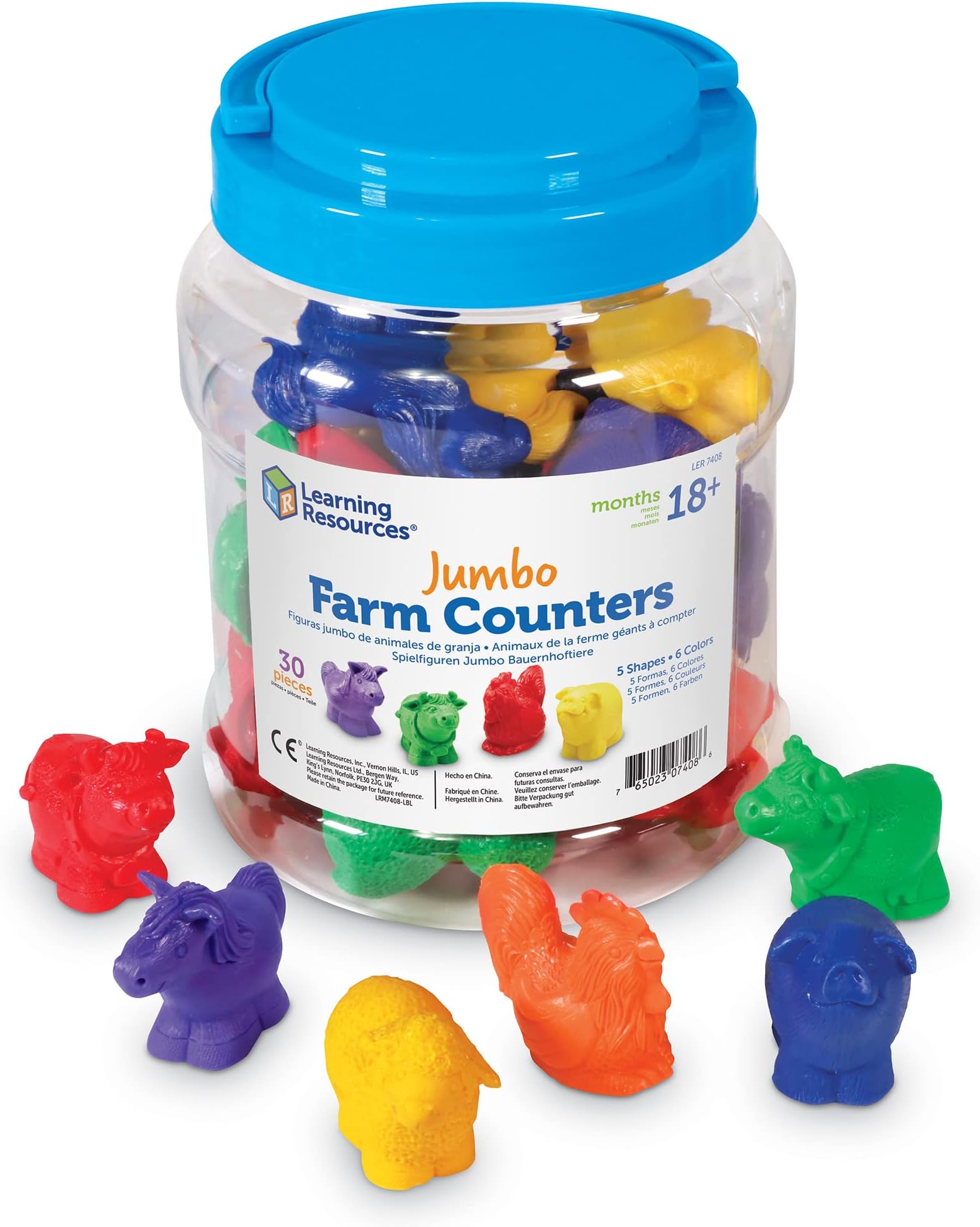 Jumbo Farm Counters, Farm Animals - 30 Pieces, Ages 18+ months Toddler Learning Toys, Preschool Toys, 5 Animals in 6 Colors