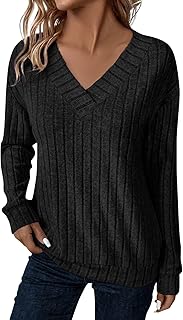 Long Sleeve Shirts for Women Spring Outfit 2026 Fashion Casual T Shirt V Neck Ribbed Knit Pullover Tops Loose Tops