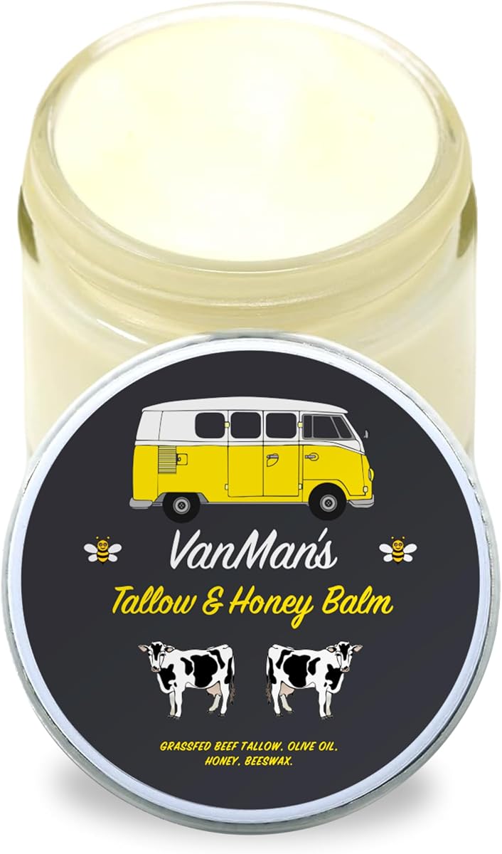 Bálsamo de sebo y miel de Vanman sin aroma añadido - Hidratante facial con sebo de res alimentado con pasto/acabado para la piel, miel cruda orgánica y cera de abejas, aceite de oliva prensado en frío - 2 oz