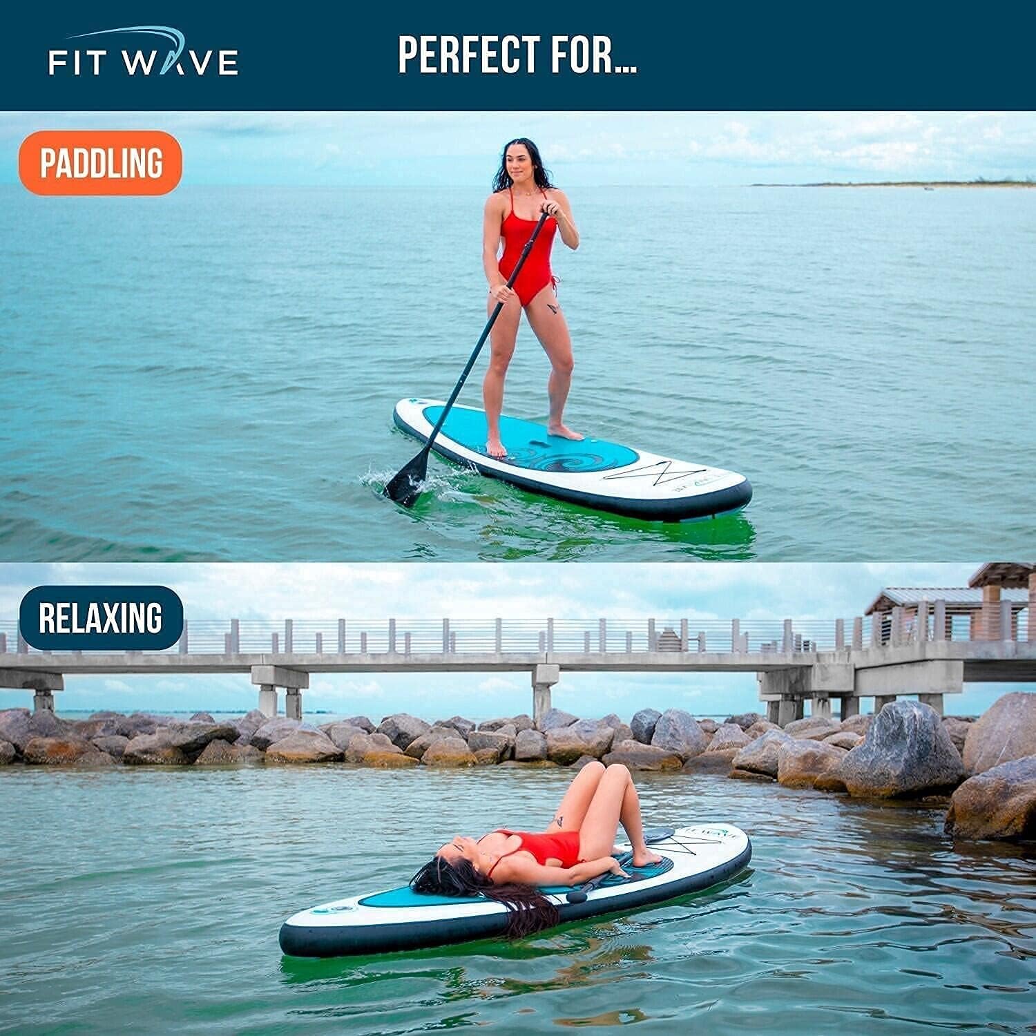 FITWAVE Paddle Board 9.5ft + Kit - Inflatable Paddle Boards for Adults - Inflatable Stand Up Paddle Board with Pump, Emergency Repair Kit, Bag & More - Anti Air Leaking & Nonslip Deck