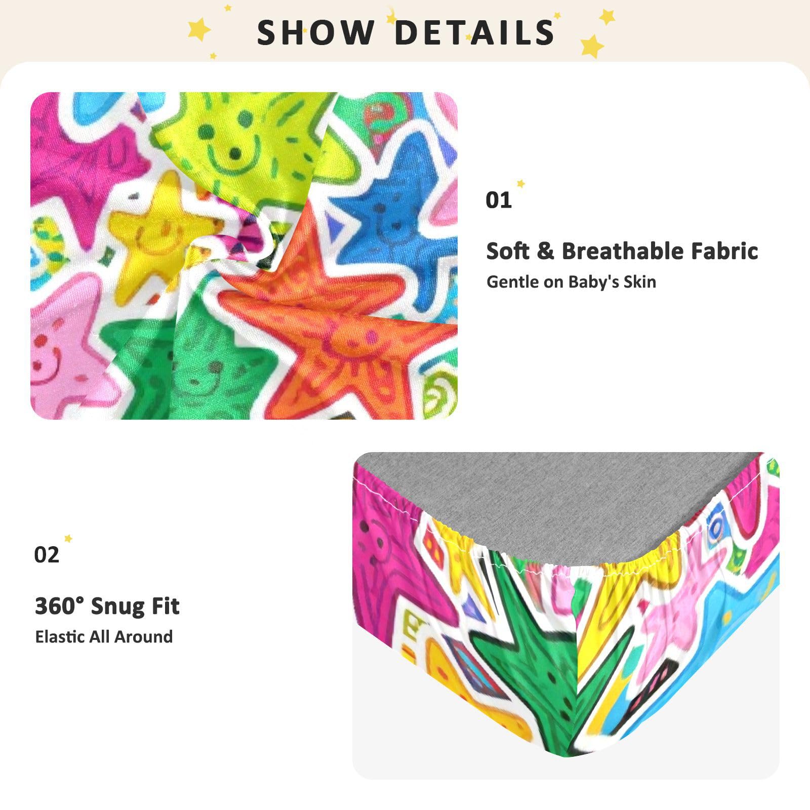 Sábanas de algodón para cuna de bebé con diseño de dibujos animados de estrellas y garabatos, suaves, transpirables, para guardería, 1 paquete de sabanas para cuna