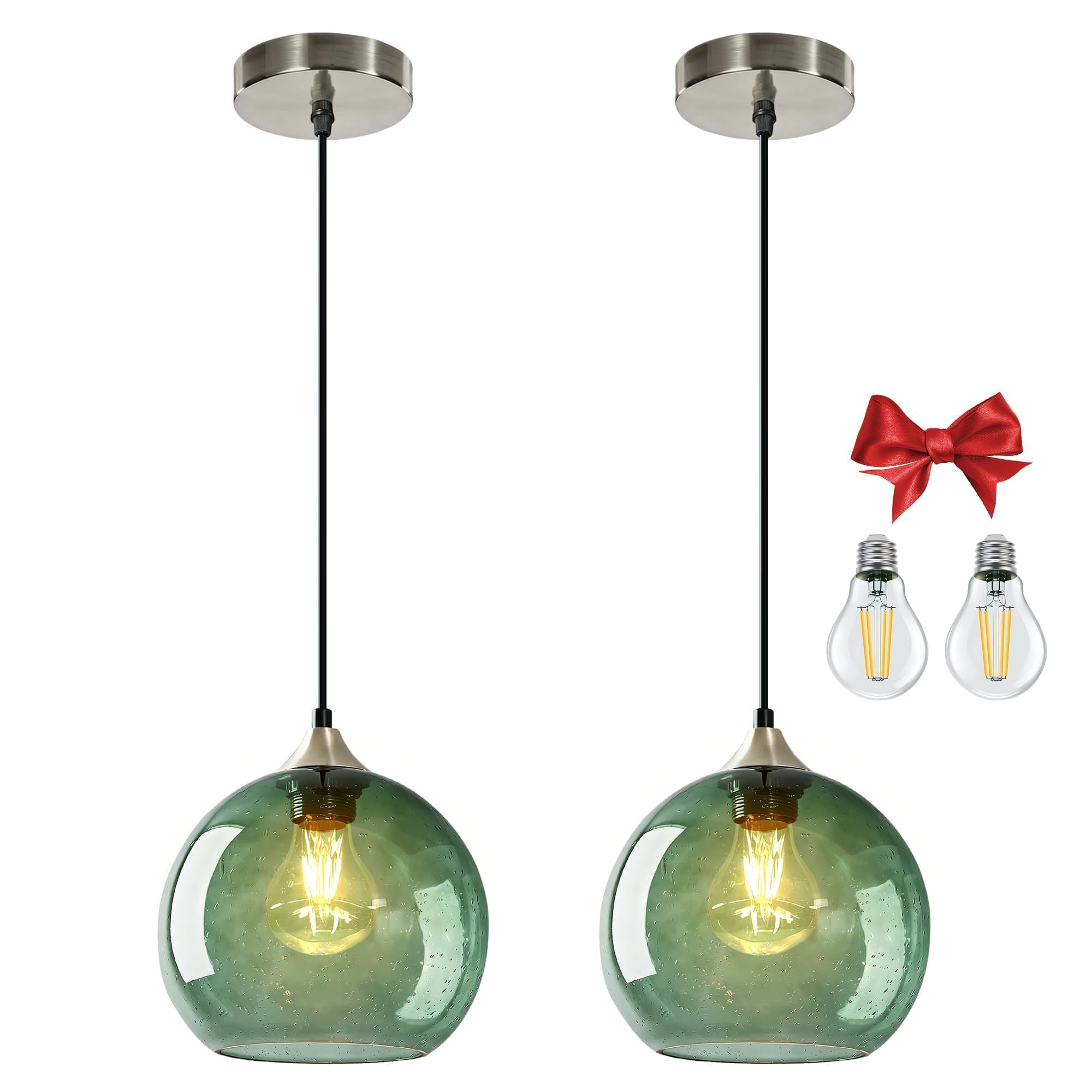 Bravsekai Medium Gray Green Glass Pendant Light for Kitchen Island, Includes Extra Bulb & 1.5m Adjustable Cord, Modern Pendant Lighting Fixtures for Kitchen, Dining Room, Living Room(18cm, 2-Pack)