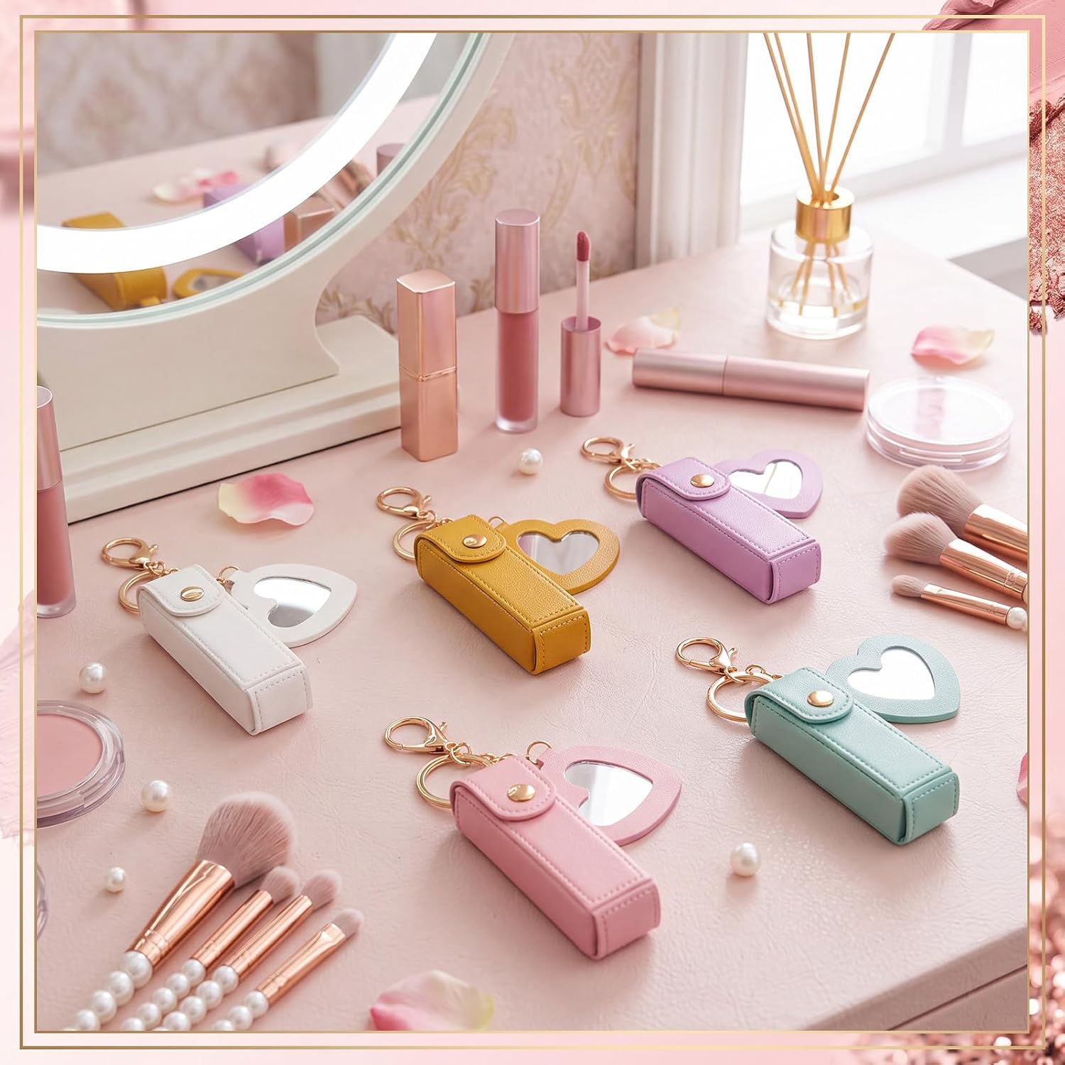 Hsei 20 Pack PU Leather Portable Lipstick Holder Key Chain Bulk with Mirror, Mini Lipstick Holder Keychain Lip Balm Organizer Travel Makeup Storage Case Party Gift for Women